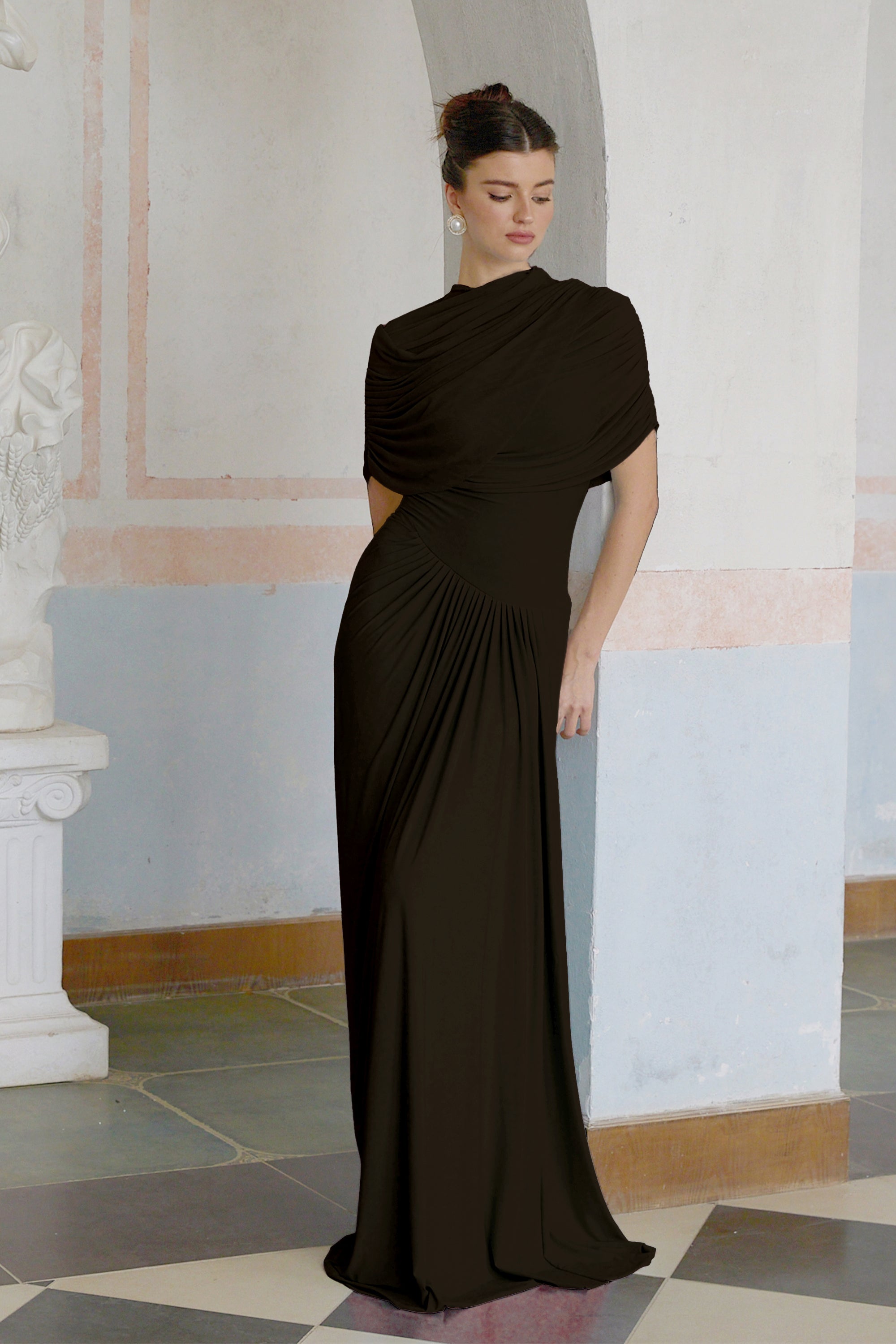 Catherine asymmetrical pleated maxi dress in Brown (Final Sale-US Only)
