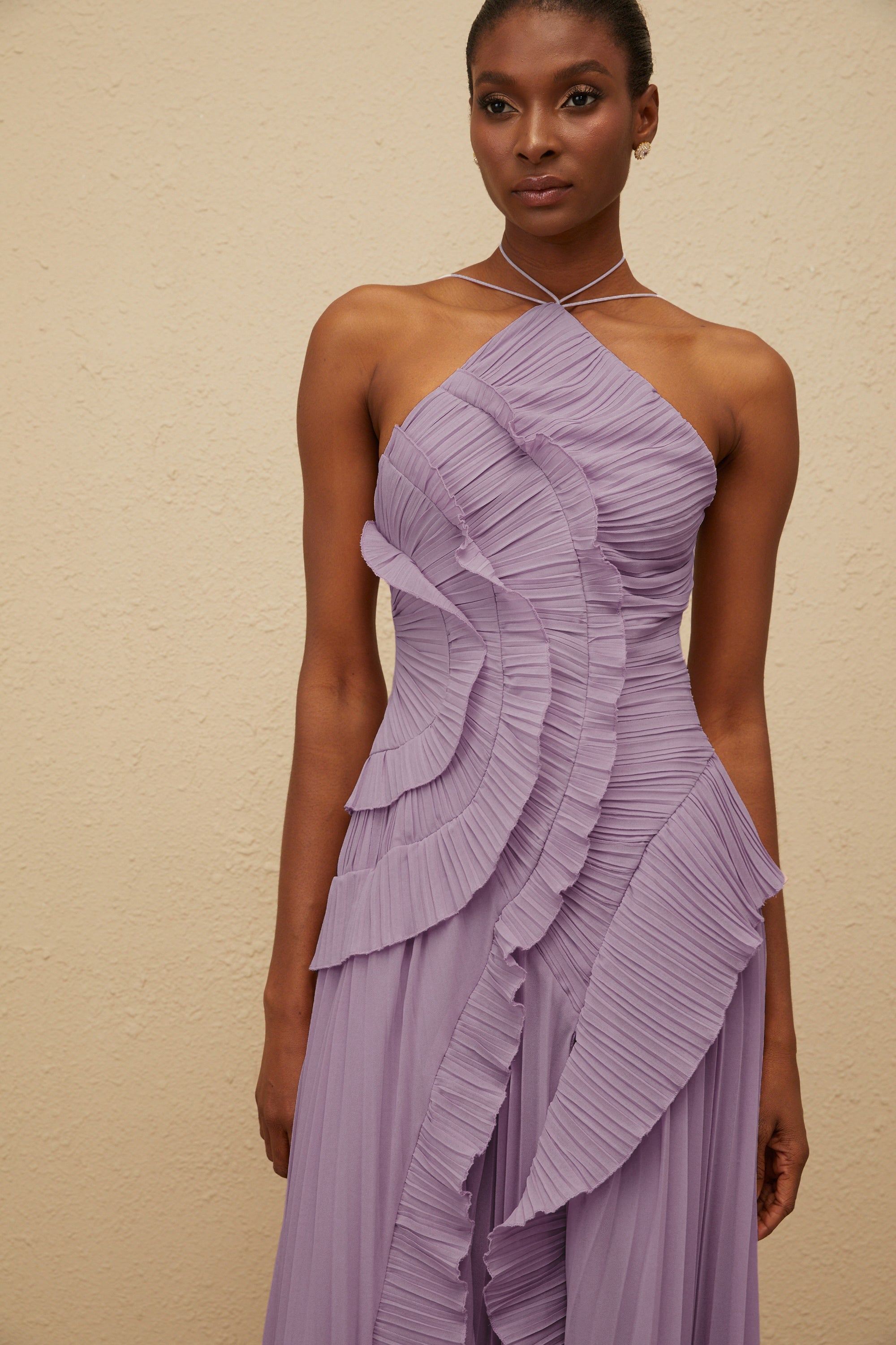 Doux Purple Ruffled Trim Pleated Midi Dress (Final Sale-US Only)