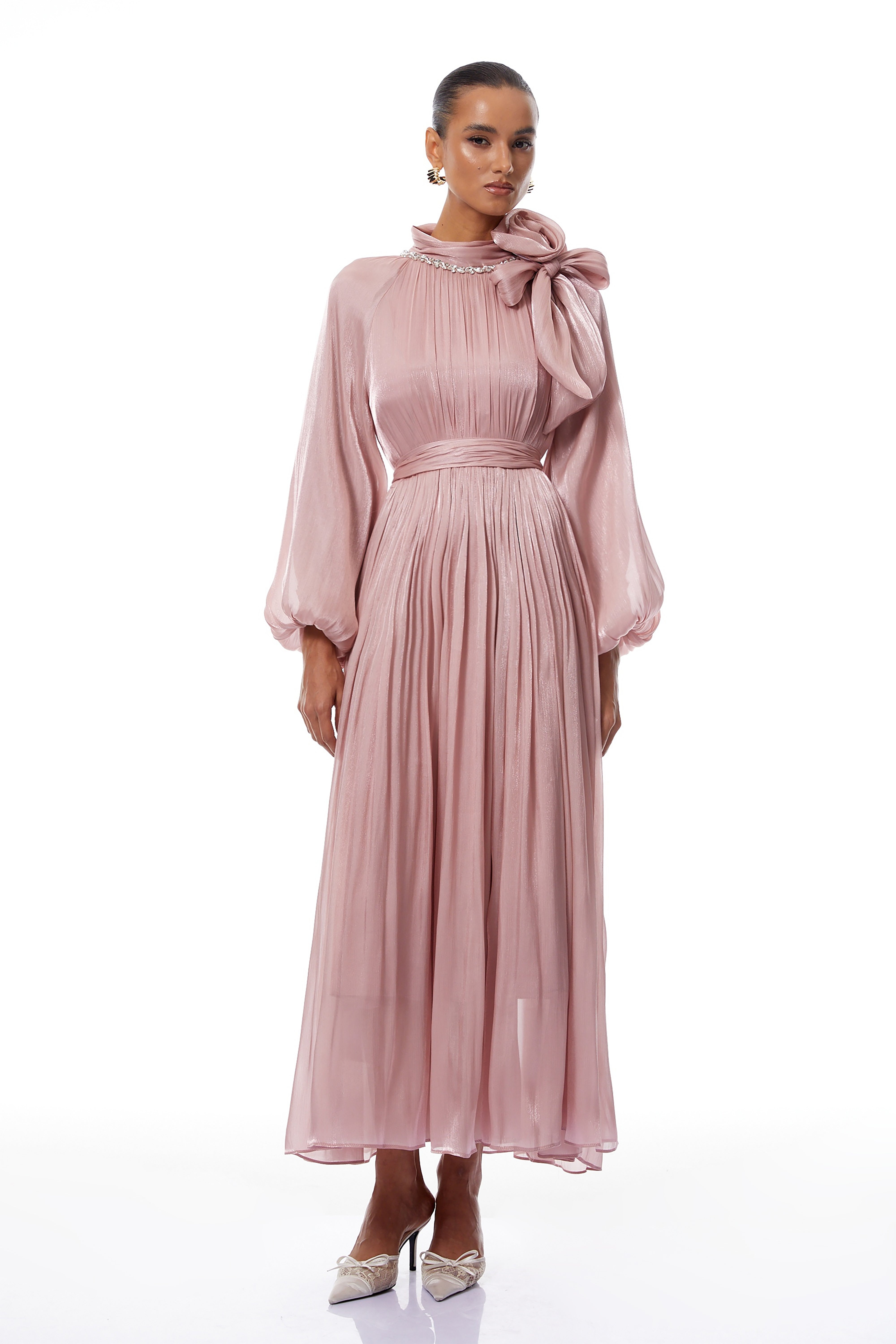 Birna Pink Floral Pleated Glossy Maxi Dress (Final Sale)