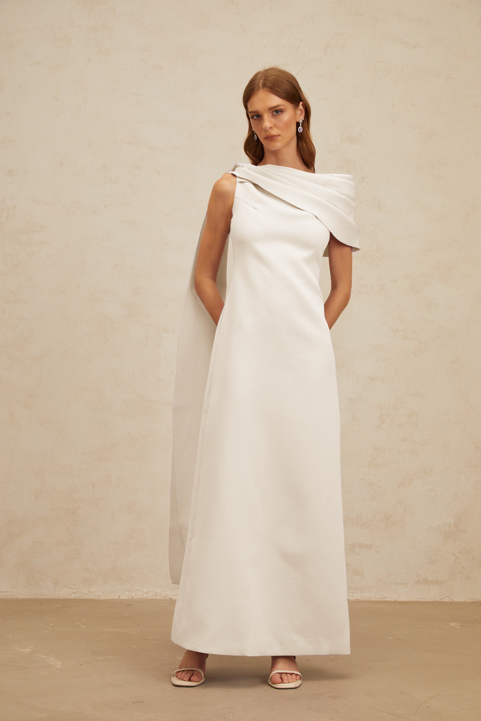 Annabelle White Cape-Design Ribbon Maxi Dress (Final Sale-US Only)