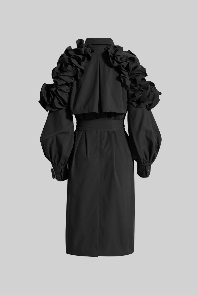 MADISON Ruffled Trench Coat - Black