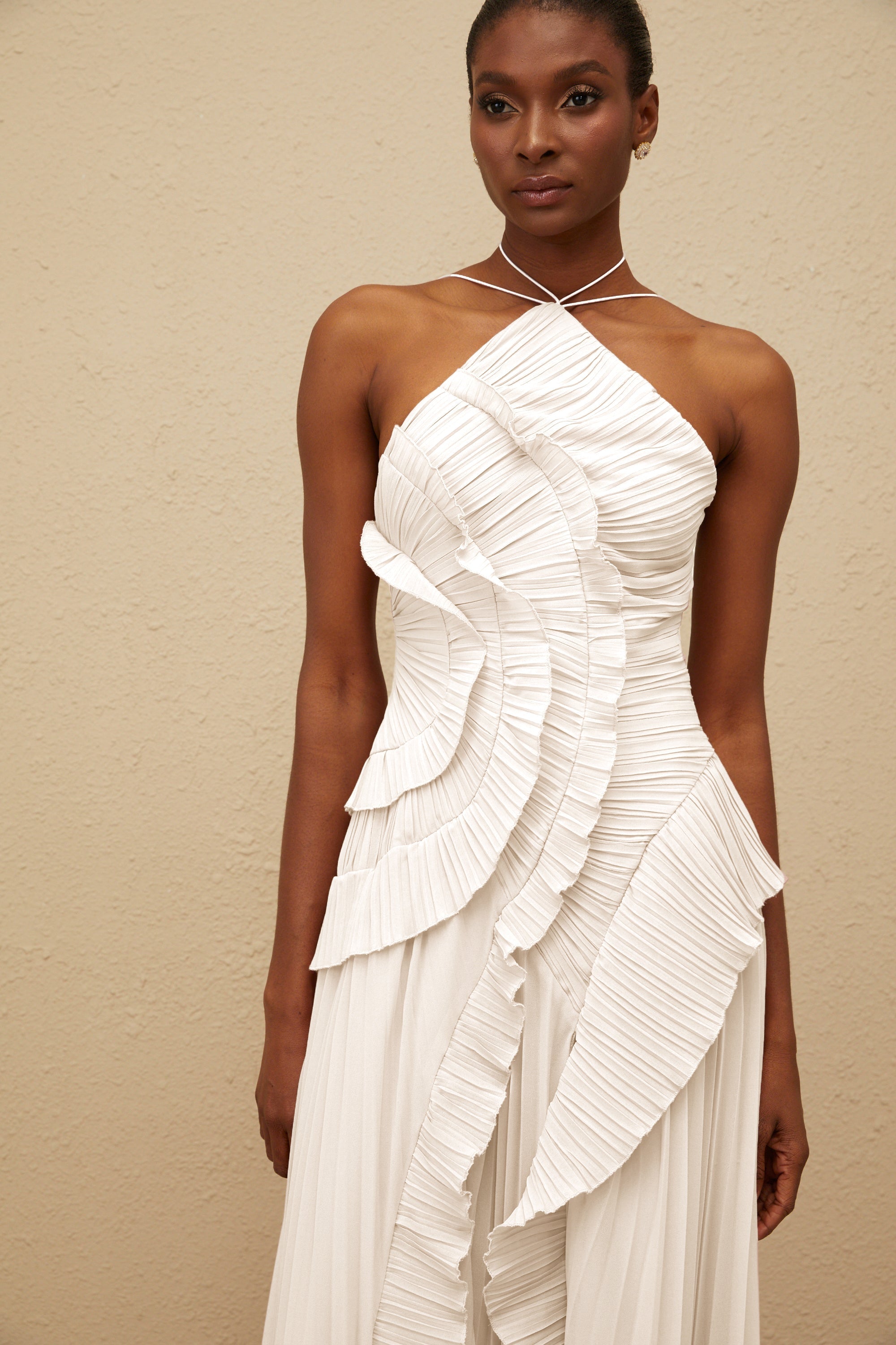 Doux White Ruffled Trim Pleated Midi Dress (Final Sale-US Only)