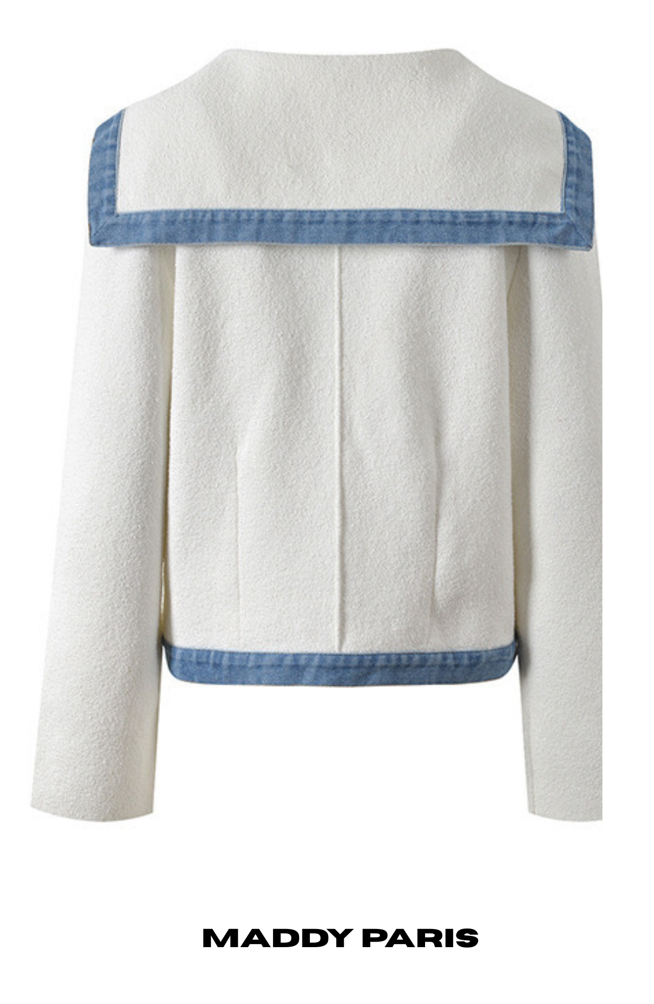 MADDY ELLIOT WHITE CREW-NECK TERRY DENIM-TRIM CARDIGAN TOP - WHITE