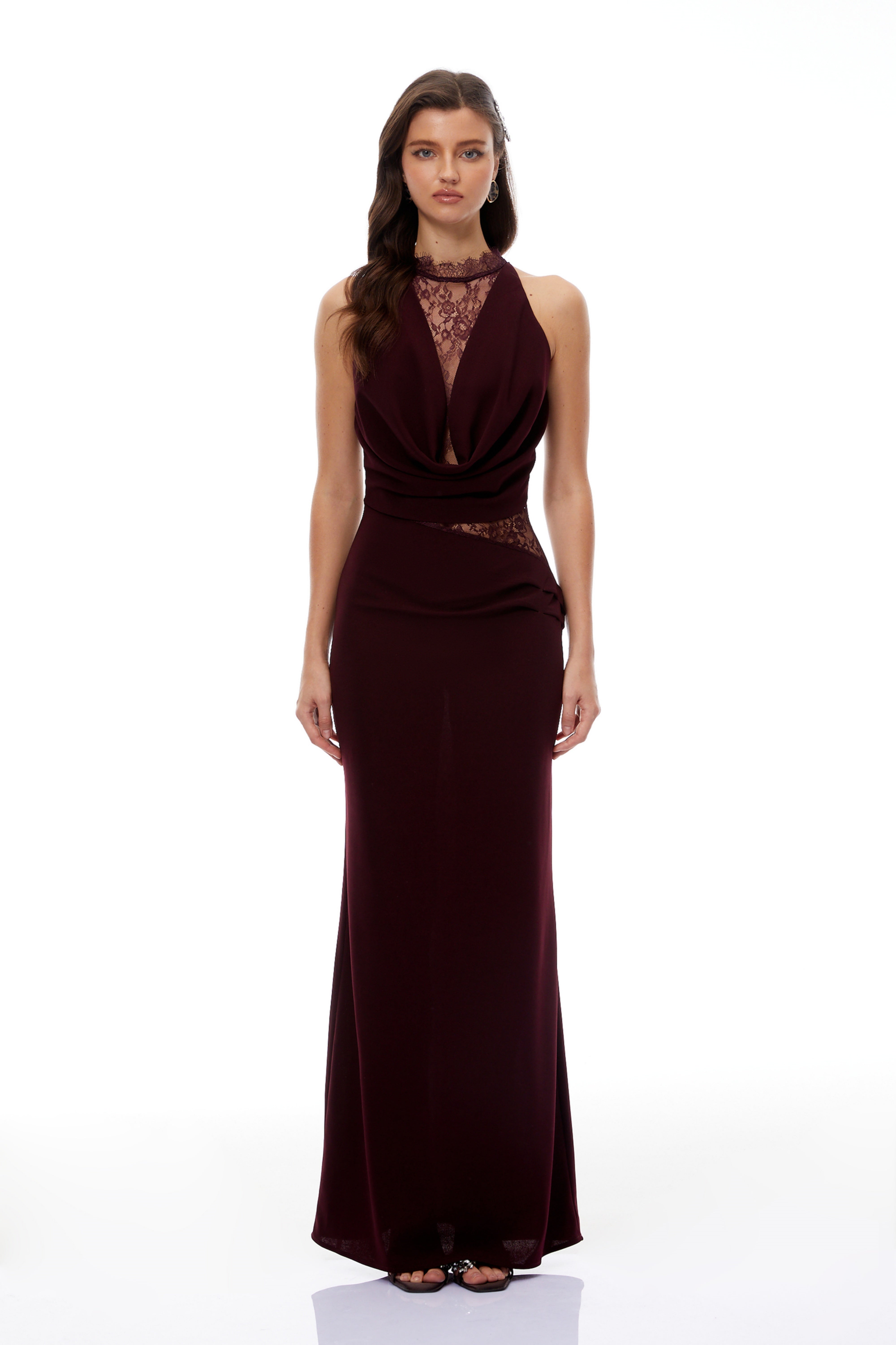 Gioconda Burgundy Halterneck Lace Panel Maxi Dress (Final Sale-US Only)