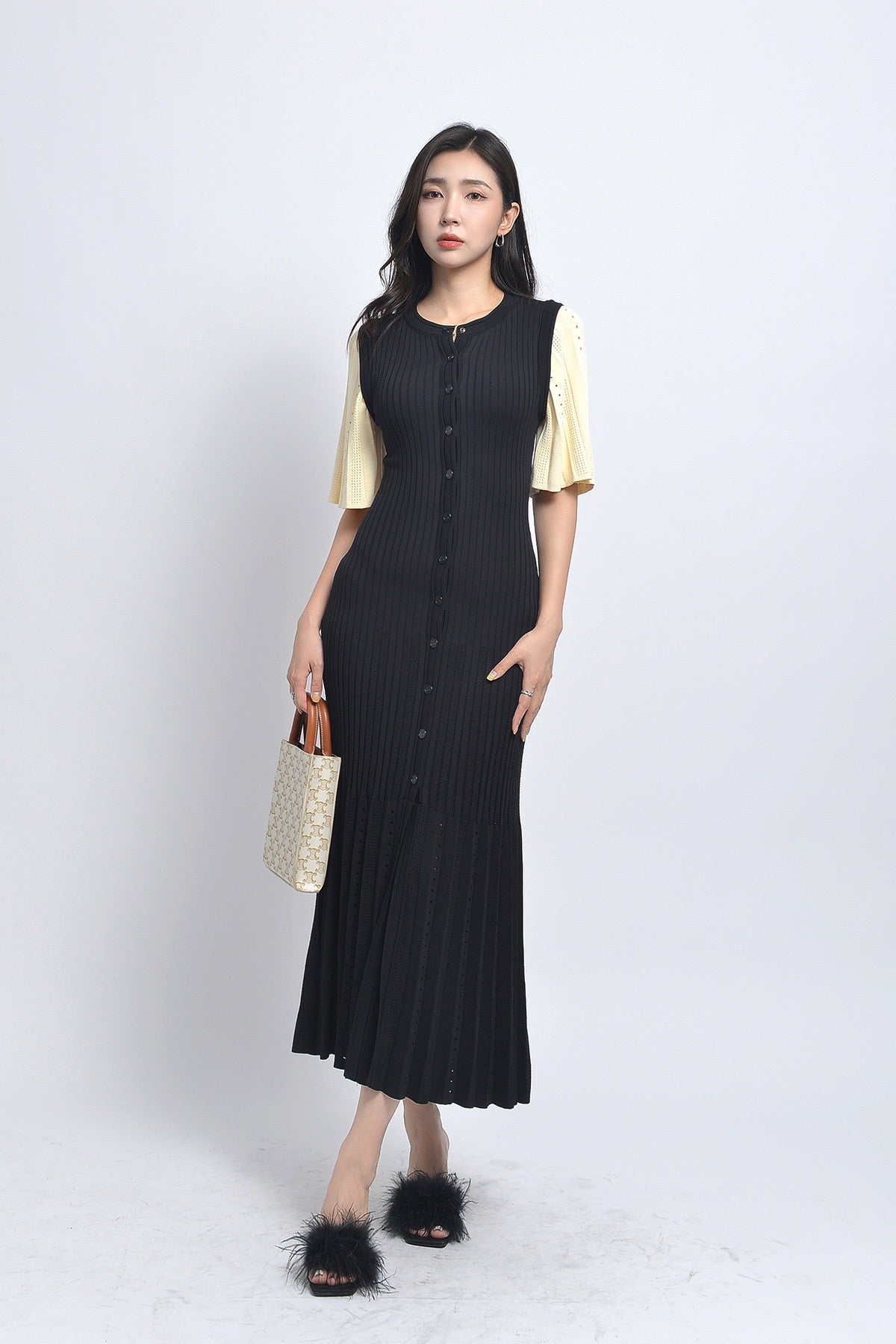 Sandro  Long two tone Tricot midi dress - Black