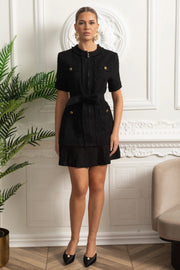 Bouclé Mini Dress With Belted Waist And Pleated Hem - Black