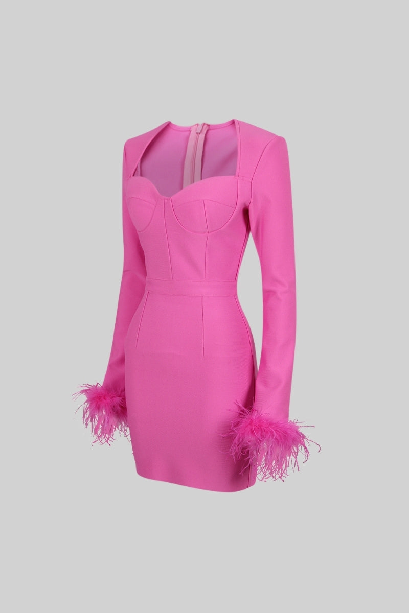 FRANCINE Long Sleeve Fur Mini Dress - Fuchsia Pink