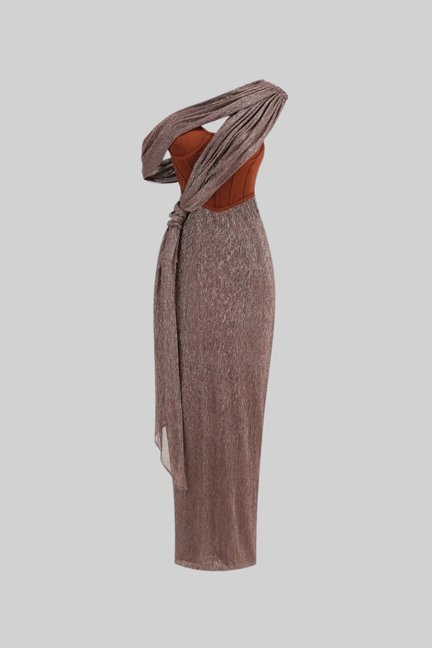 One-Shoulder Metallic Drape Dress With Structured Corset – Brown/Bronze