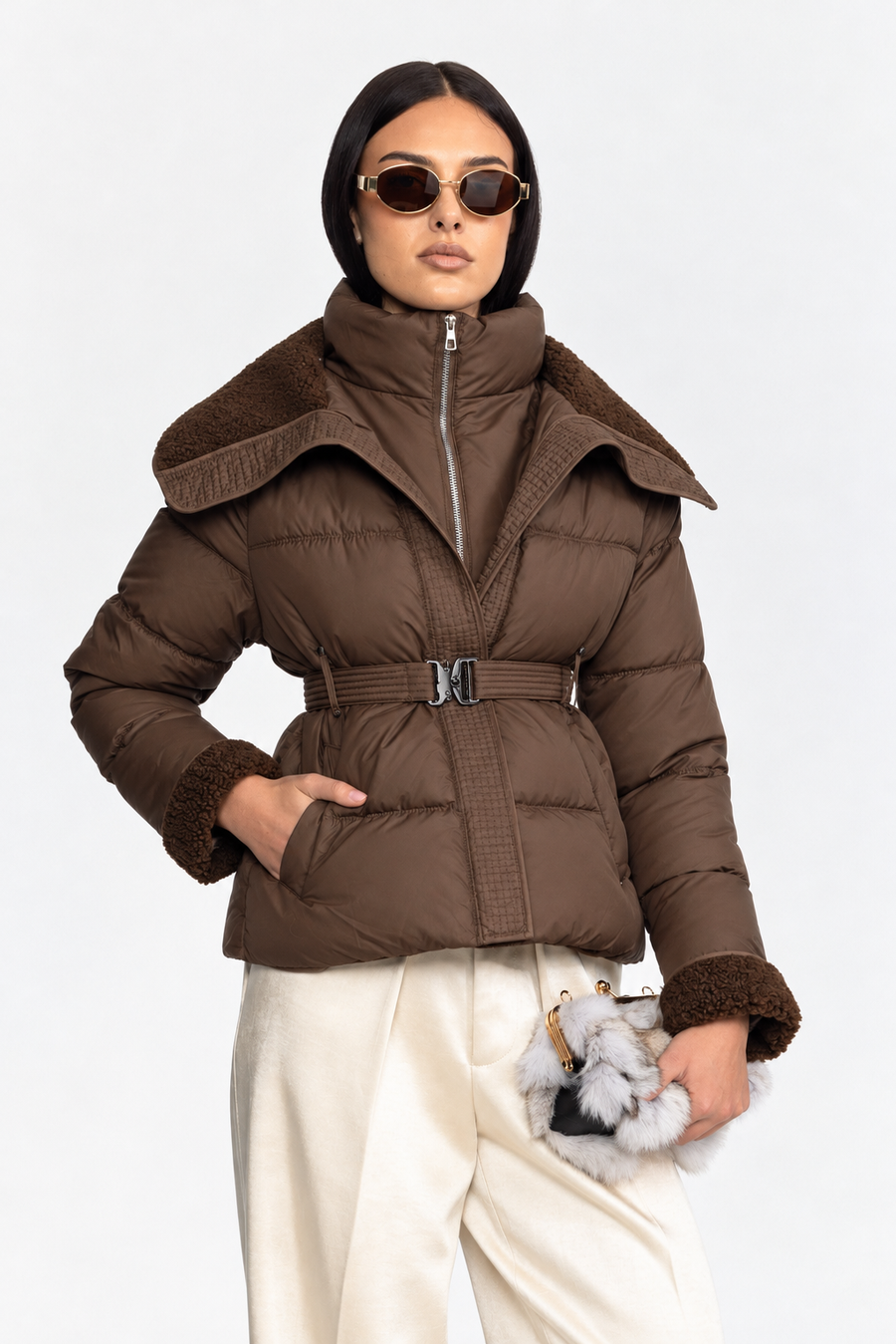 Belted Puffer Jacket with Teddy Collar - Coffee