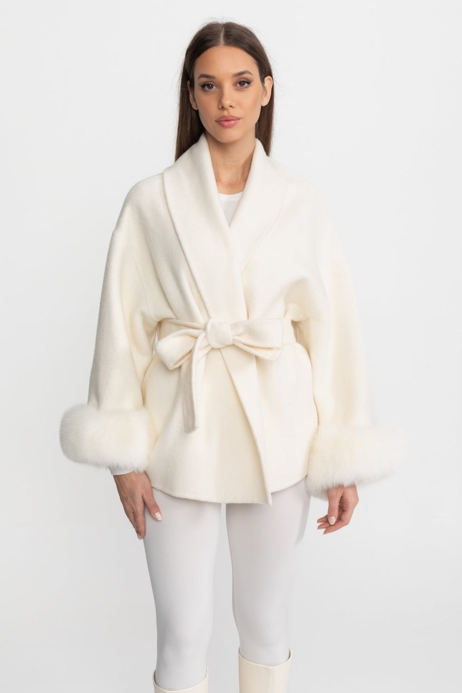 Wool Blend Wrap Jacket with Fox Fur Cuffs - Ivoire