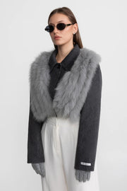 Wool Cropped Jacket with Fox Fur Collar – Charcoal Grey