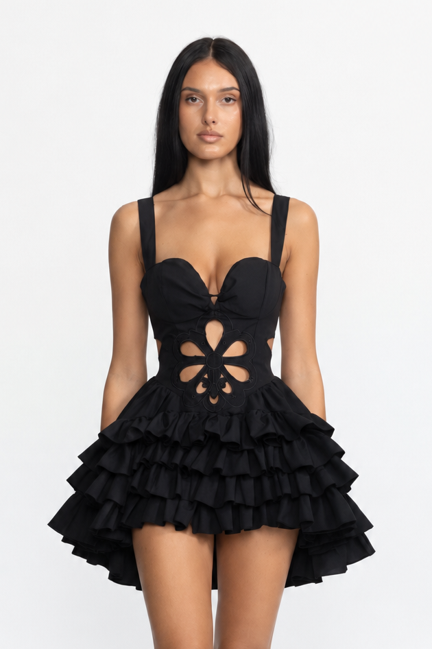 Celestine Black Embroidered Flower Cutout Ruffle Mini Dress