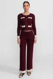 Francesca Burgundy Long Sleeve Knit Co-Ord Set With Contrast Trim And Sparkling Embellishments
