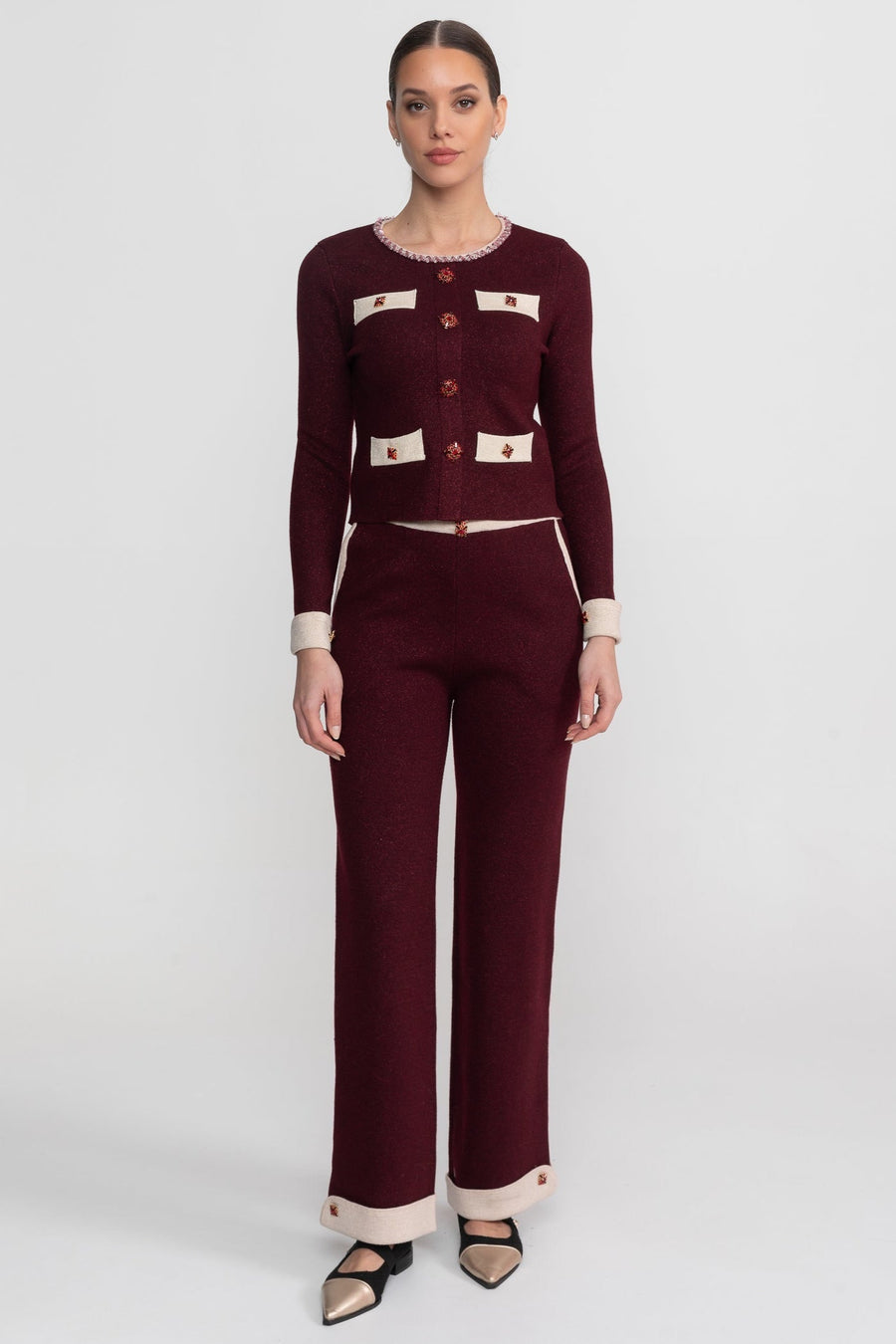 Francesca Burgundy Long Sleeve Knit Co-Ord Set With Contrast Trim And Sparkling Embellishments
