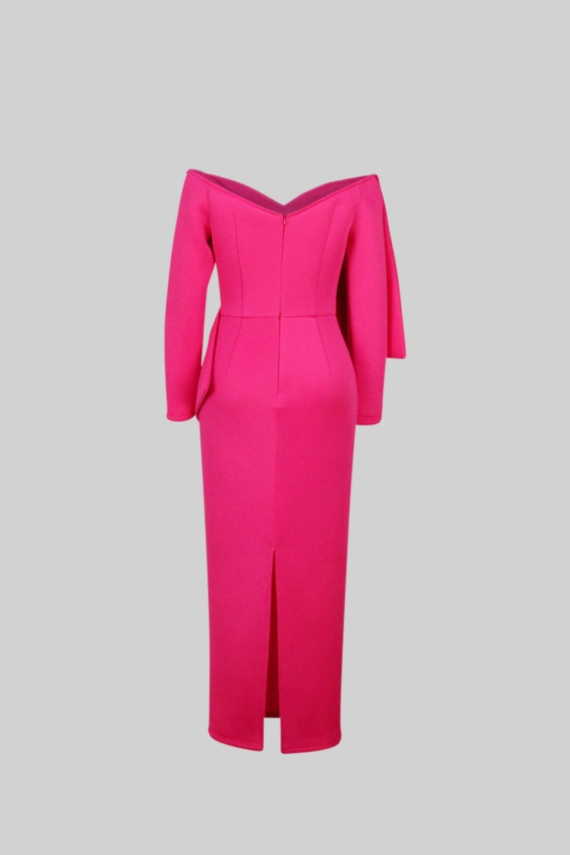 LEA Long Sleeve Cut Out Ribbon Midi Dress - Fuchsia Pink