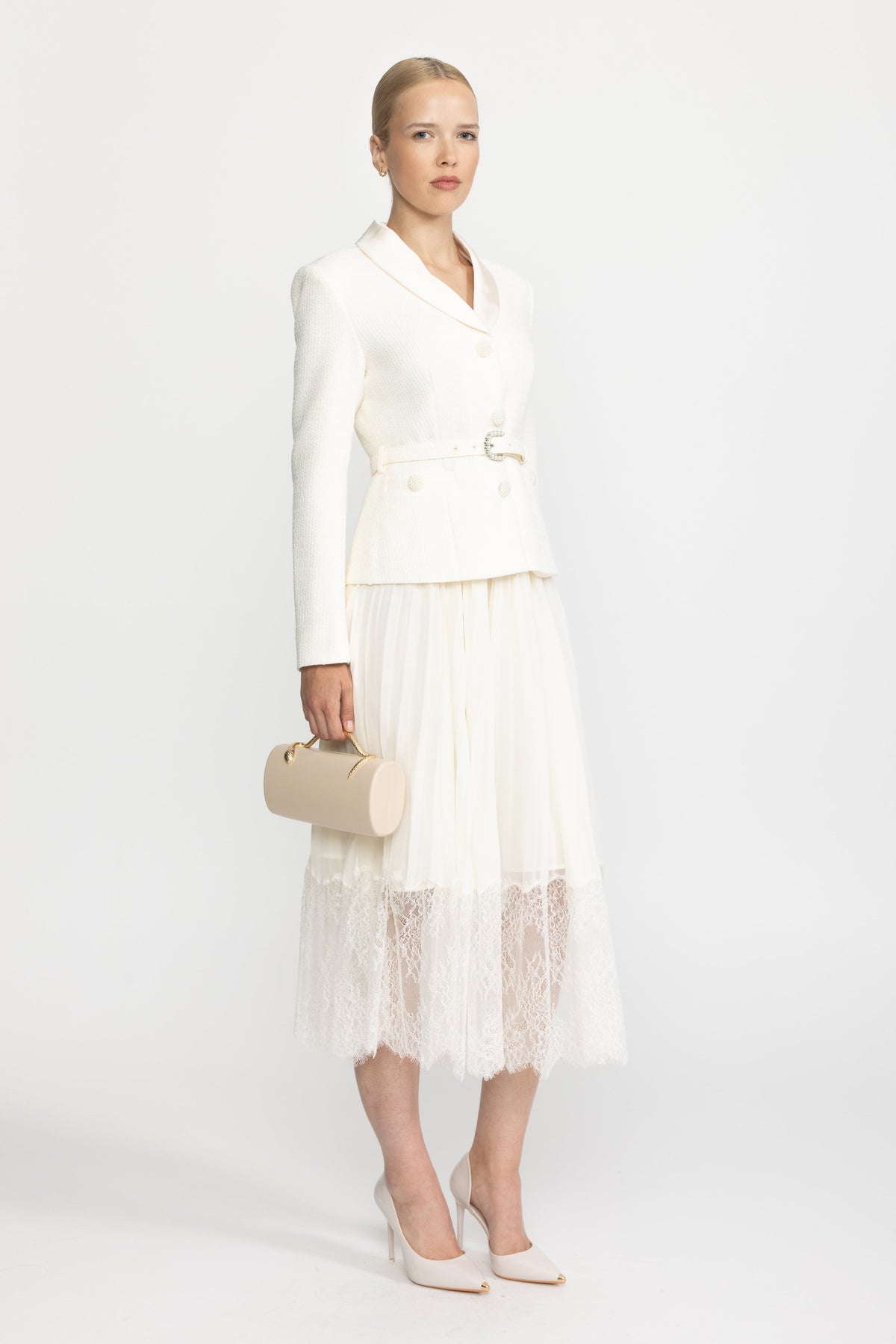 Satin Collar Tweed Jacket Dress with Pleated Lace Skirt - Ivoire