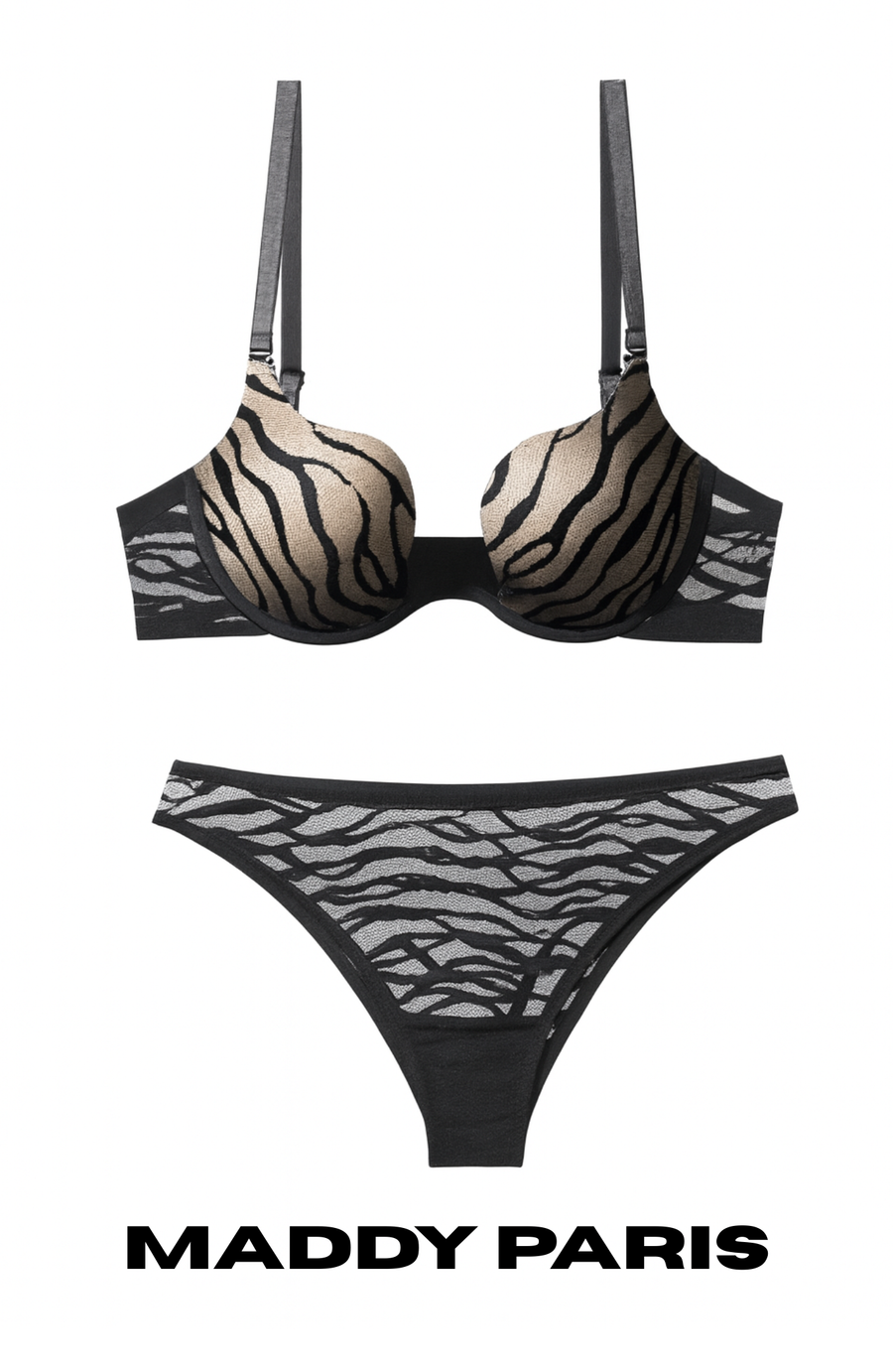 Hollywood Black Zebra Lace Push-Up Bra & Panty Set - Black