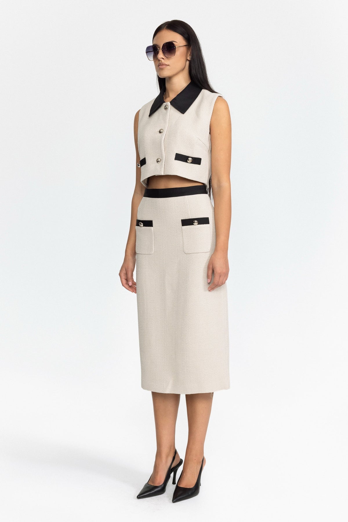 Contrast Collar Tweed Crop Top and Midi Skirt Set - Off-White