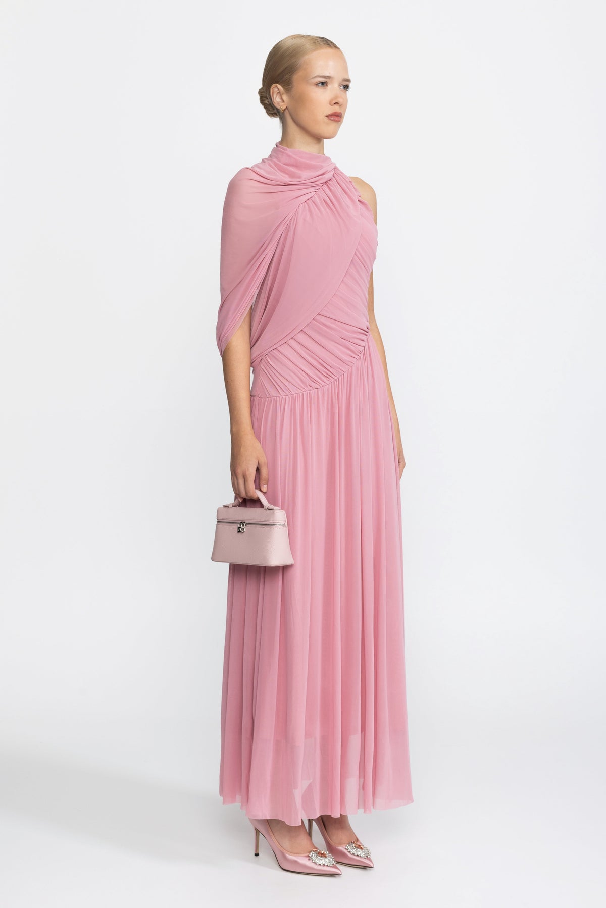 Draped Scarf Neck Mesh Maxi Dress - Pink