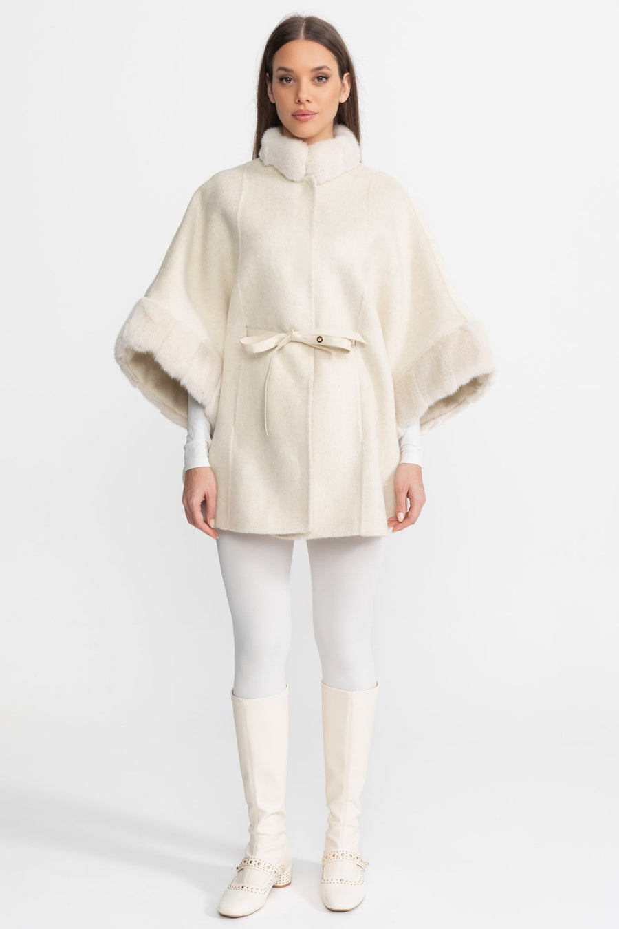 Wool Blend Cape Coat with Sable Fur Trim – Ivoire
