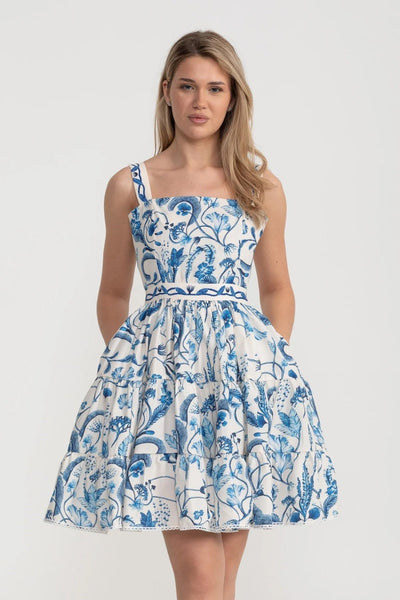 Fitted Mini Dress With Blue Floral And Paisley Pattern - White Fitted Mini Dress With Blue Floral And Paisley Pattern - White