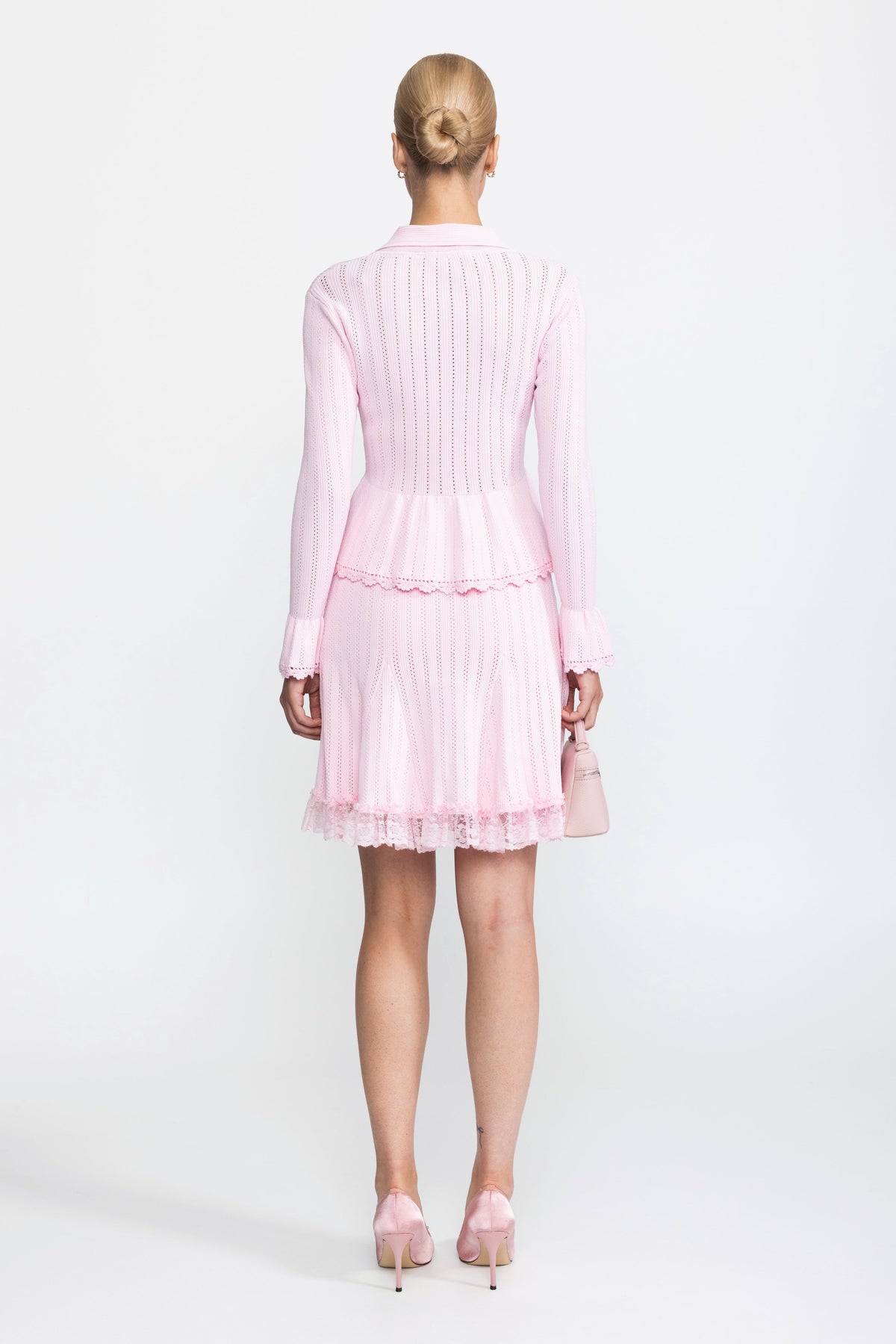 Pointelle Knit Peplum Cardigan and Lace Hem Skirt Co-ord Set - Pink