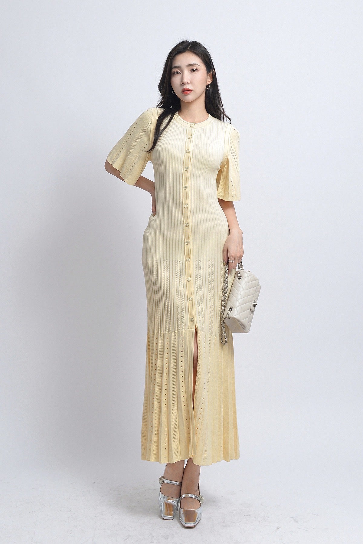 Sandro Fine-knit midi dress with openwork design yellow/beige