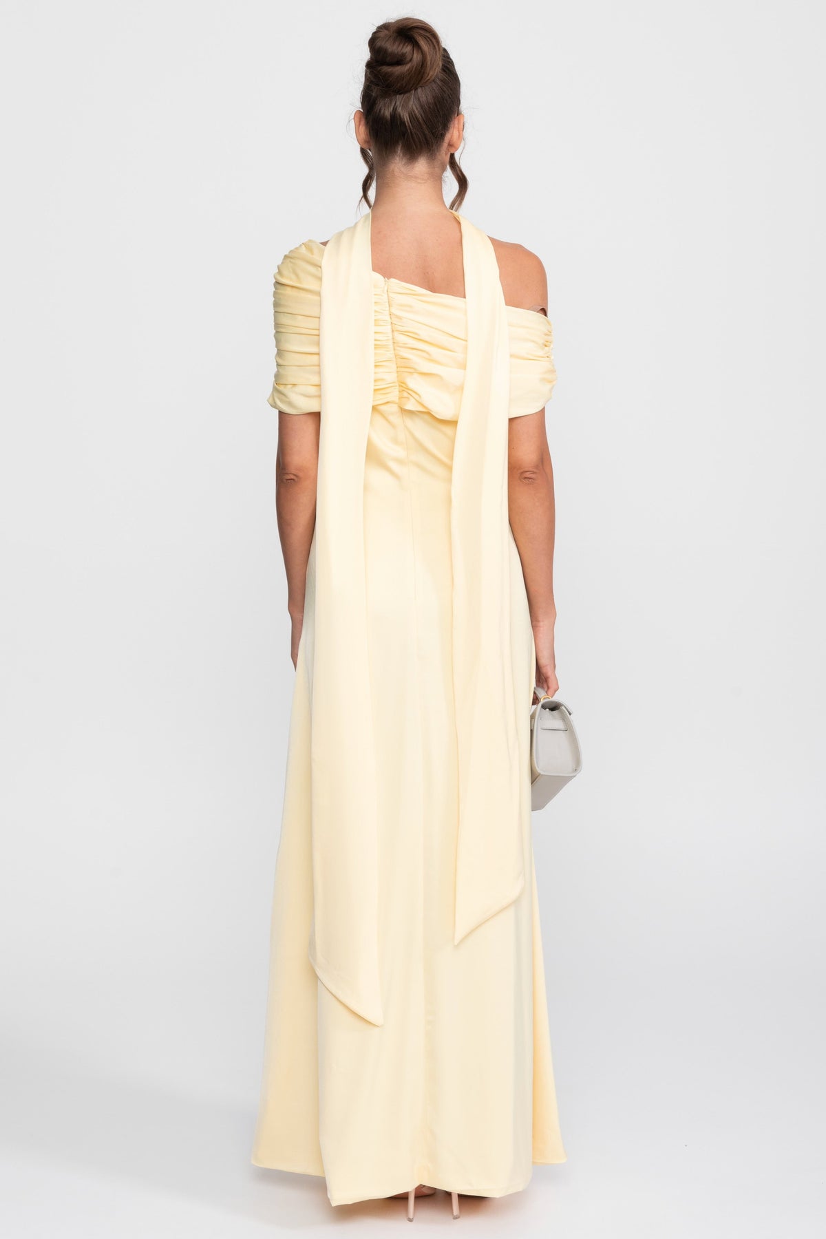 One-Shoulder Draped Satin Gown With Ruched Wrap - Yellow