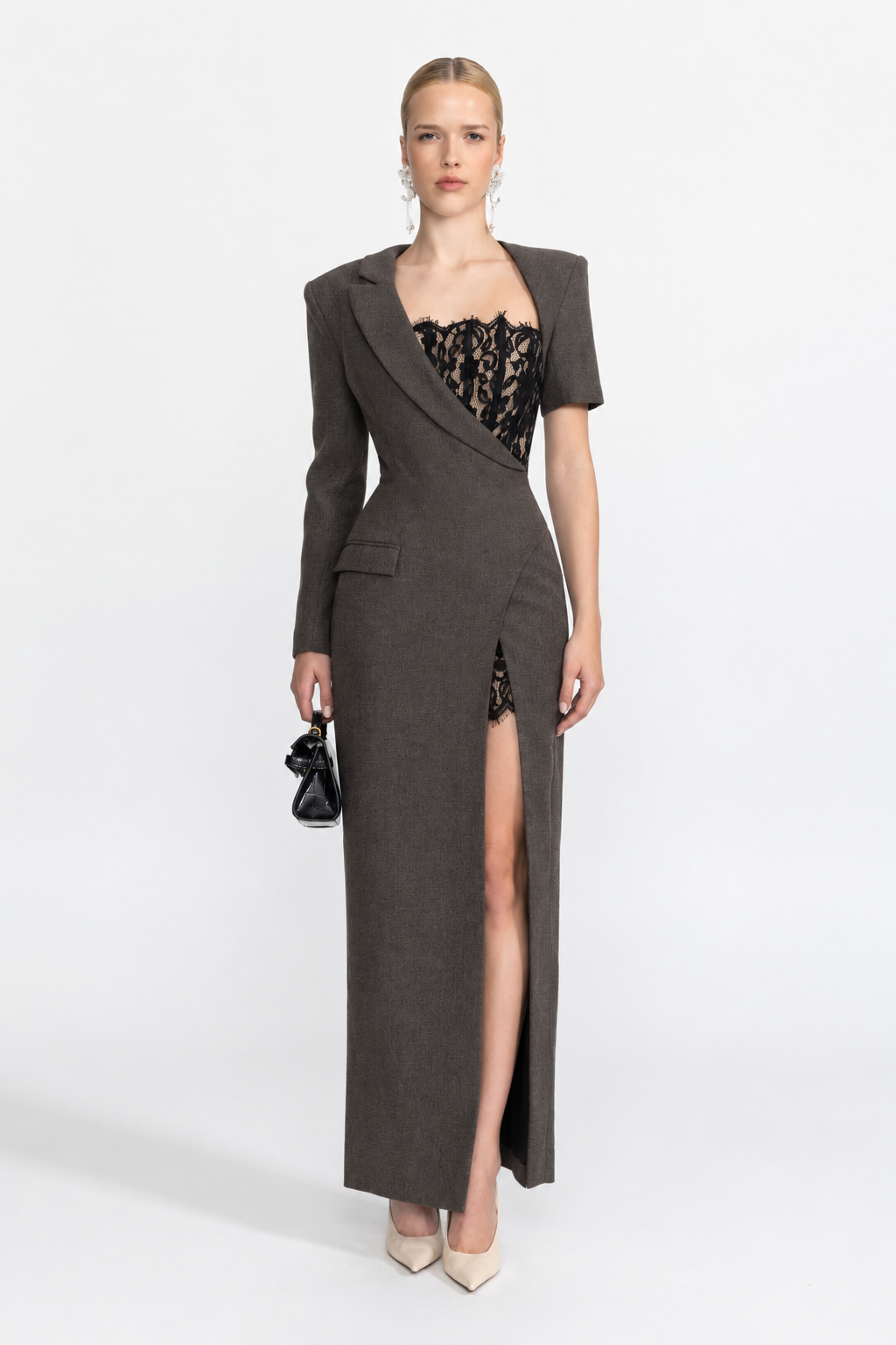 Seraphine Charcoal Lace Bustier Asymmetric Blazer Maxi Dress