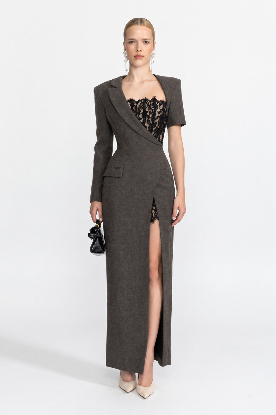 Seraphine Charcoal Lace Bustier Asymmetric Blazer Maxi Dress