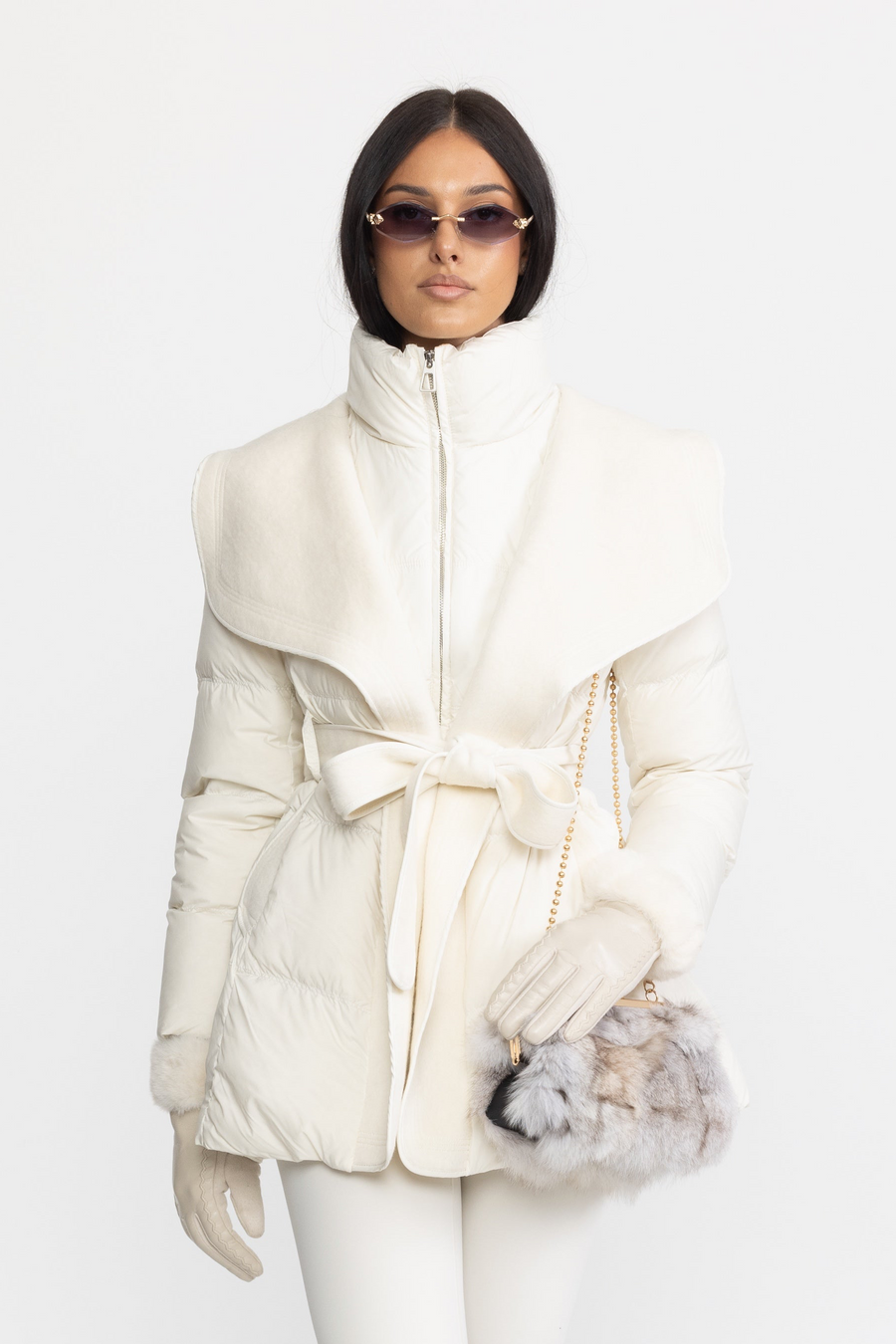 Draped Collar Belted Down Jacket with Plush Cuffs - Ivoire