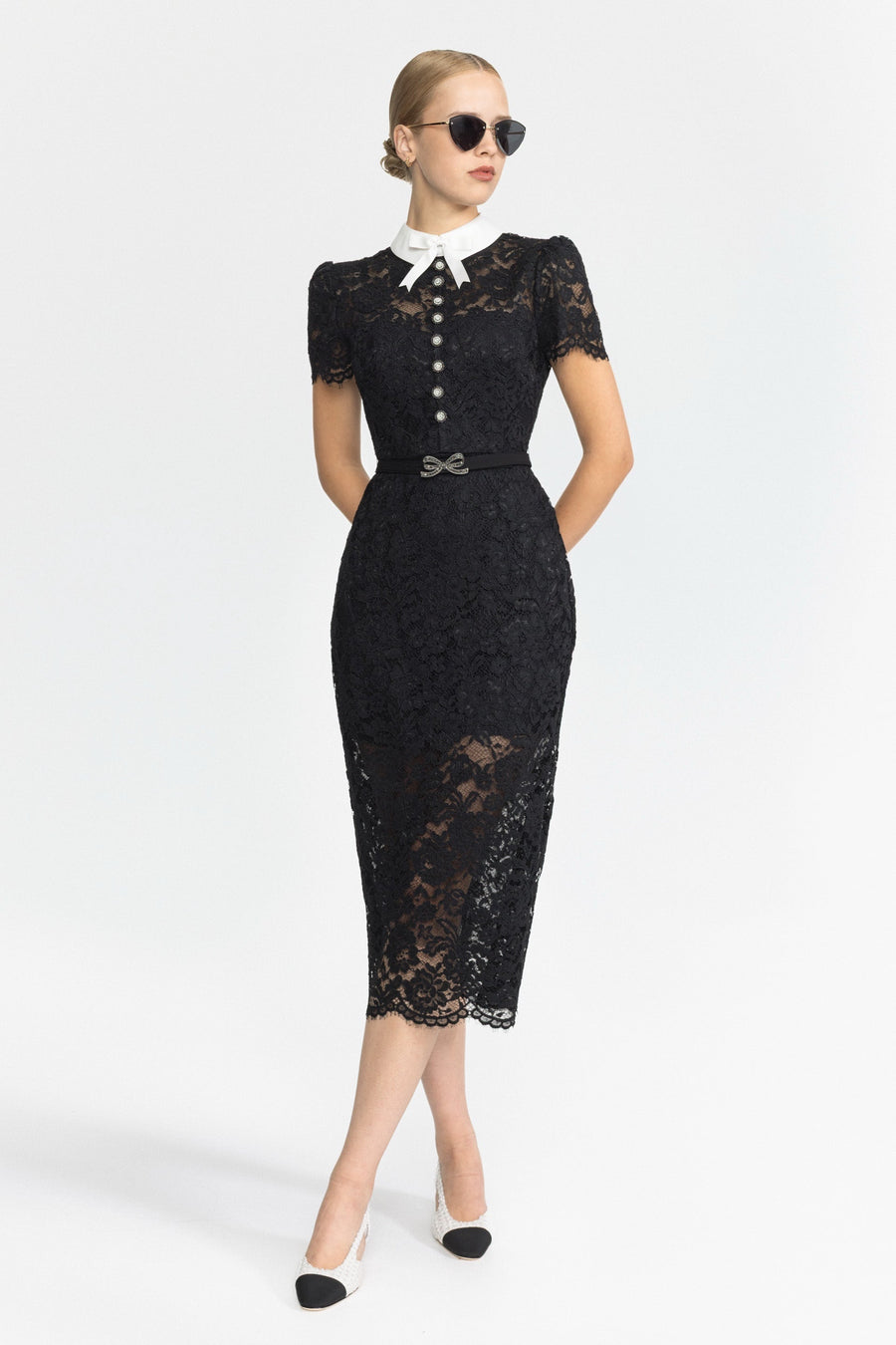 Corded Lace Bow Collar Midi Dress - Black