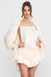 Sheer Draped Mini Dress With Cape Sleeves And Gold Clip Detail - Ivoire