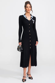 Georgiana Black Long Sleeve Knit Midi Dress With Polo Collar And Monogram Patch