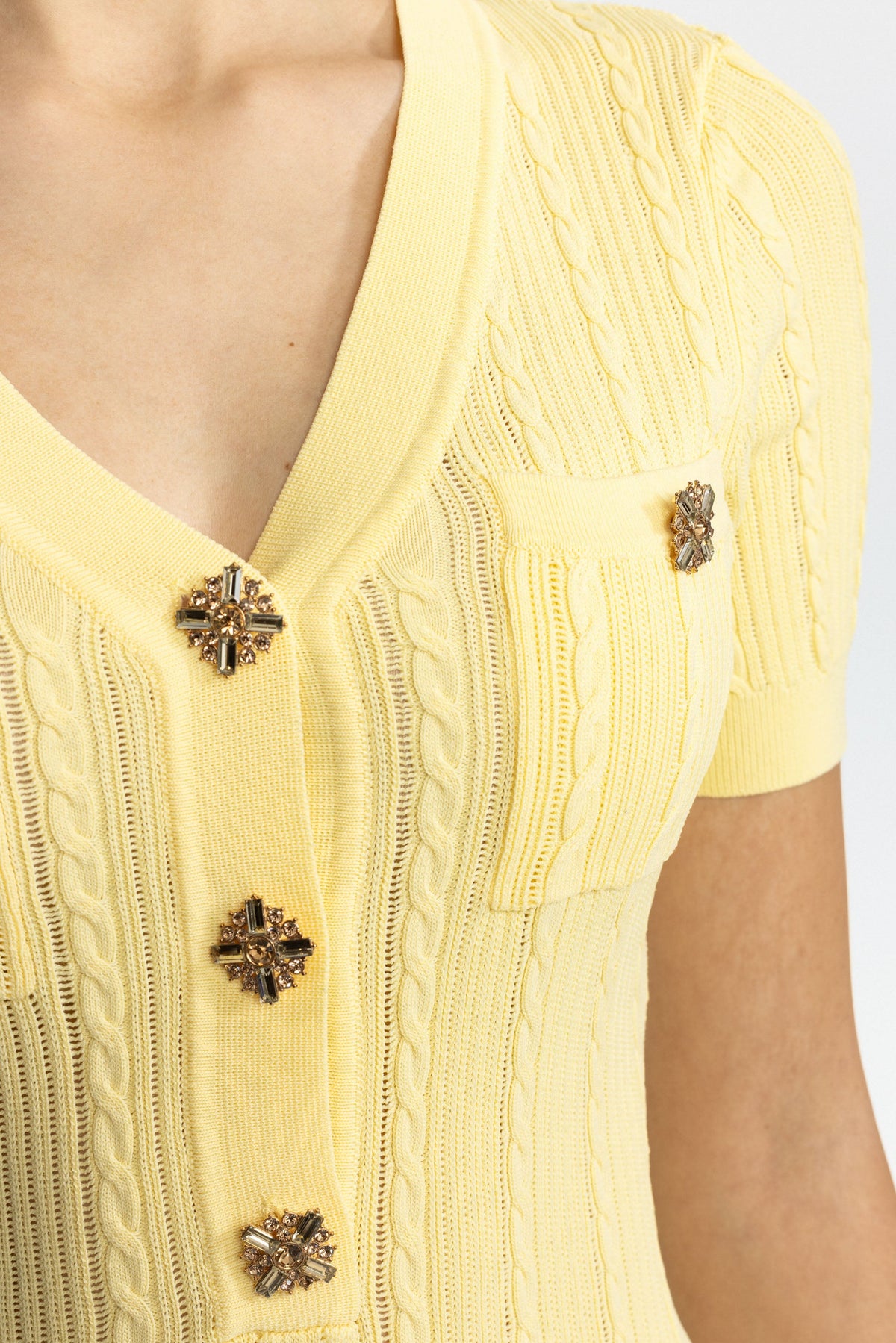Cable Knit Jewel-Button Midi Dress - Yellow