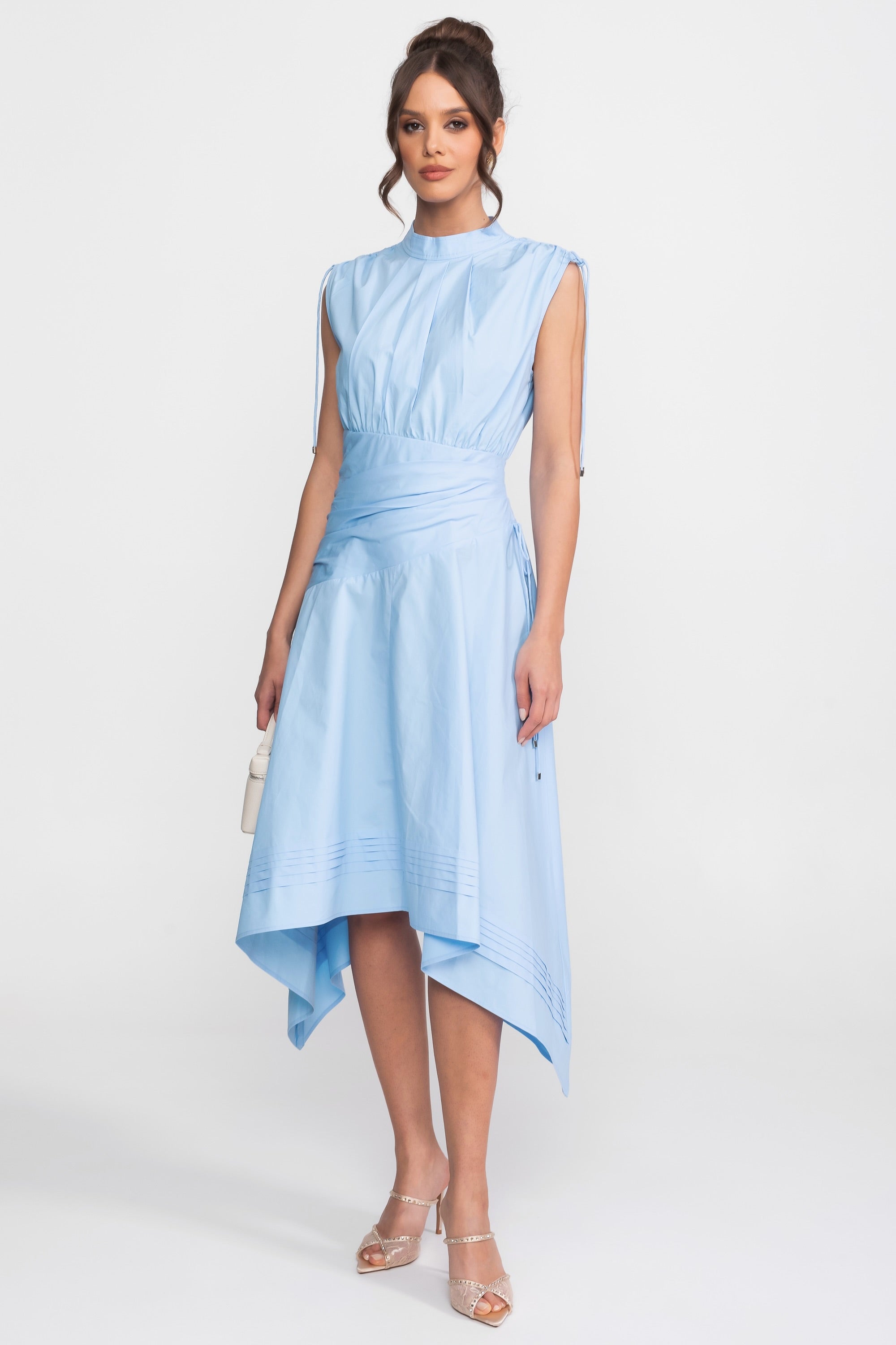 Sleeveless Asymmetric Midi Dress With Ruched Waist And Handkerchief Hem - Light Blue