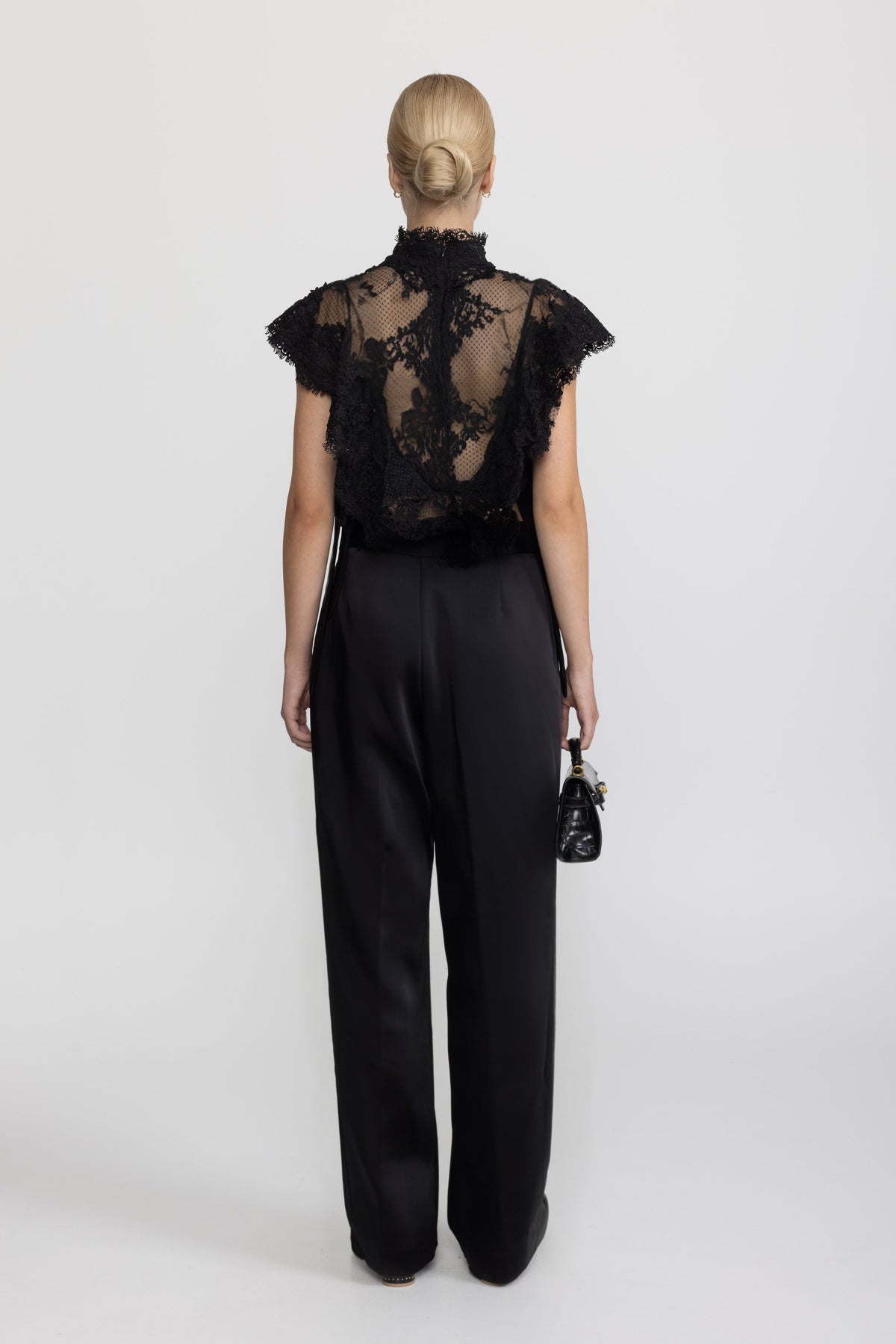 Sheer Lace Ruffle Mock Neck Top - Black