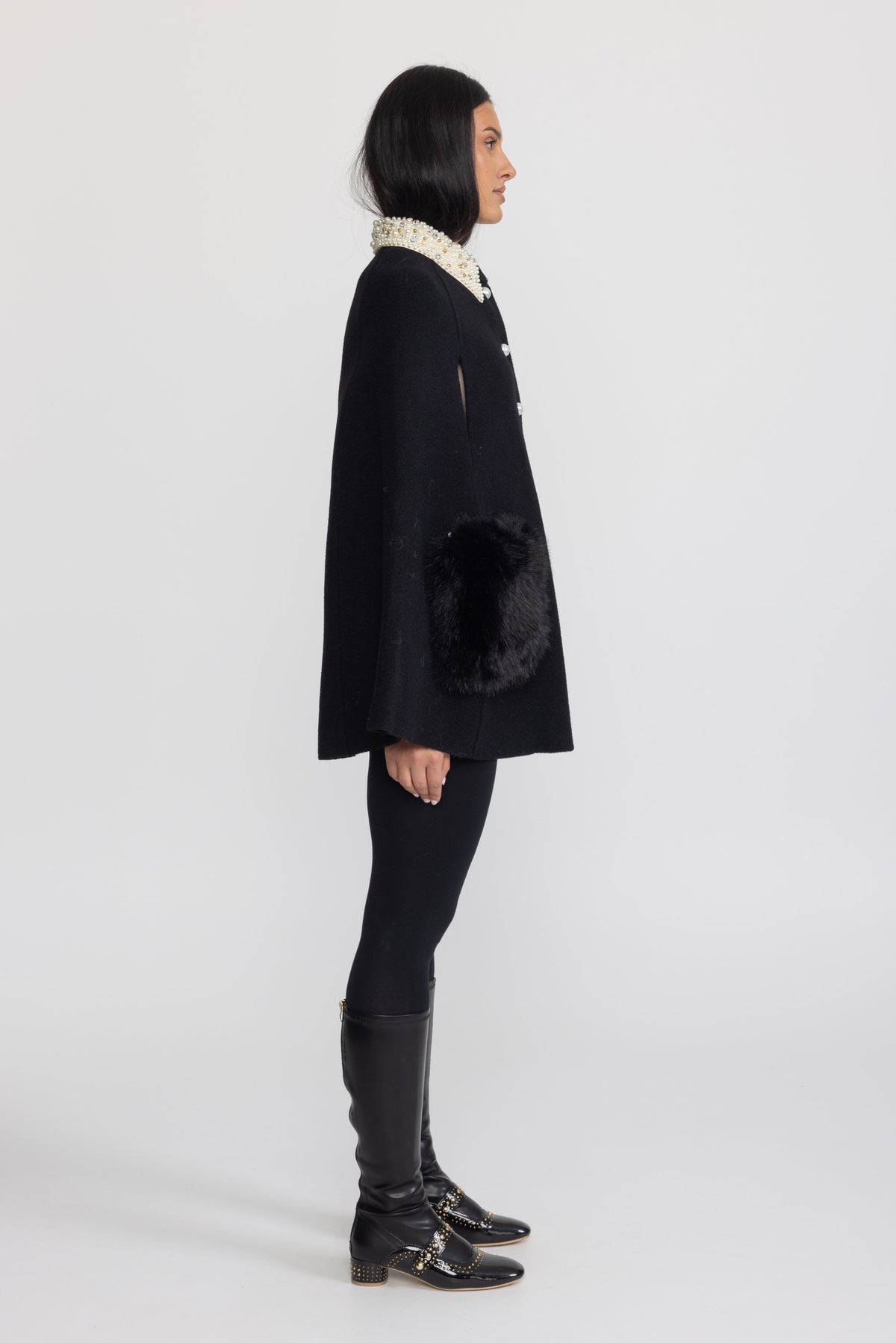 Pearl Embellished Collar Cape with Faux Fur Pockets - Black