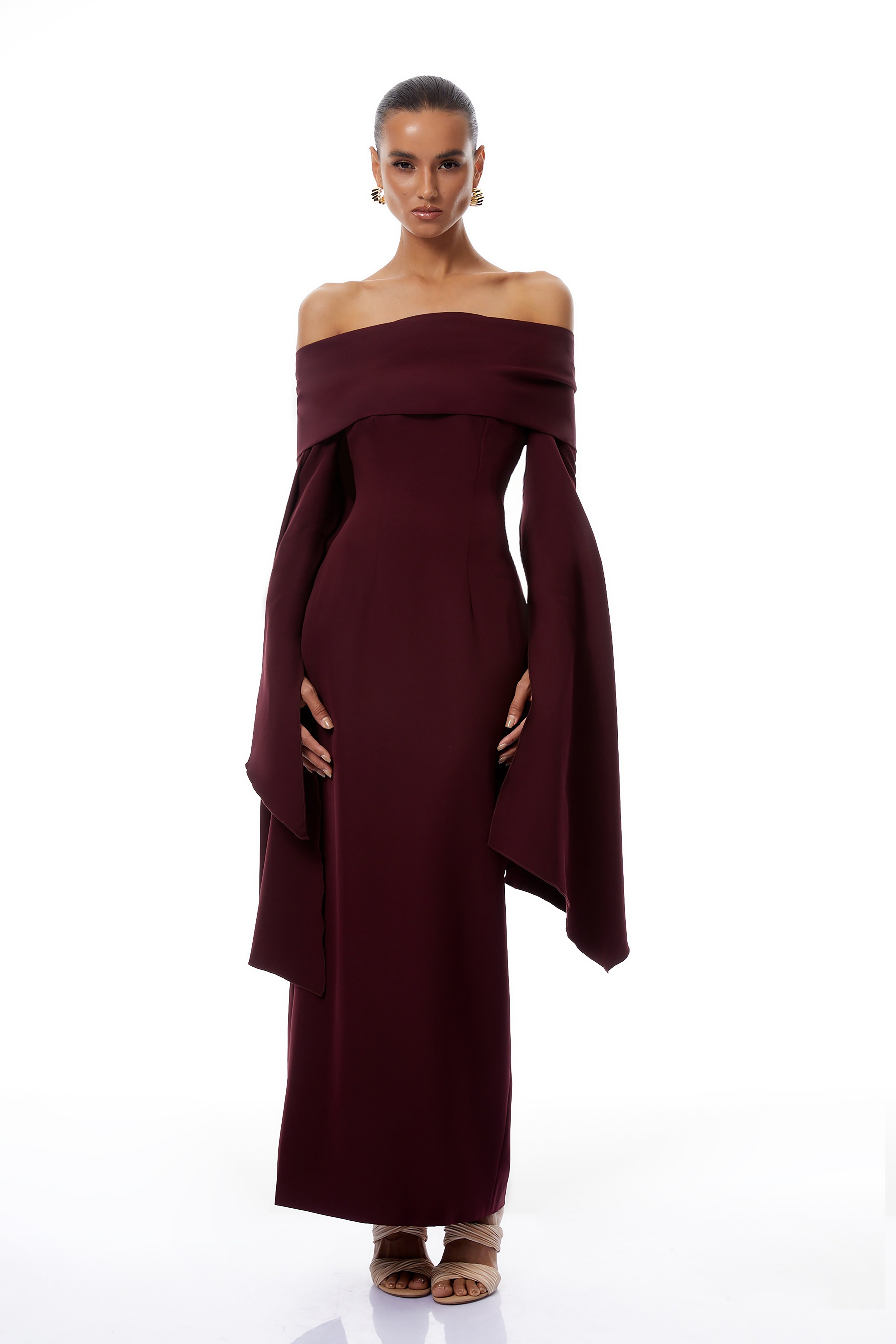 Dorotea Burgundy Off Shoulder Maxi Gown