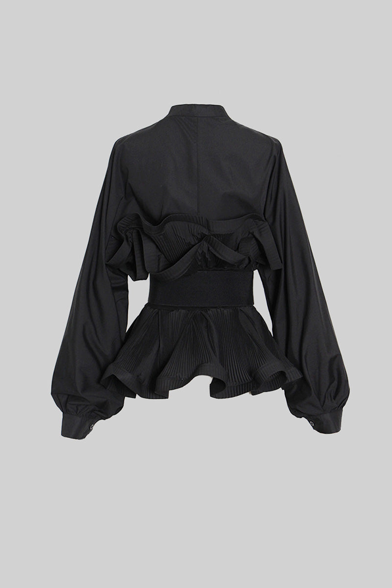 SERILDA Ruffle Shirt with Massive Belt - Black