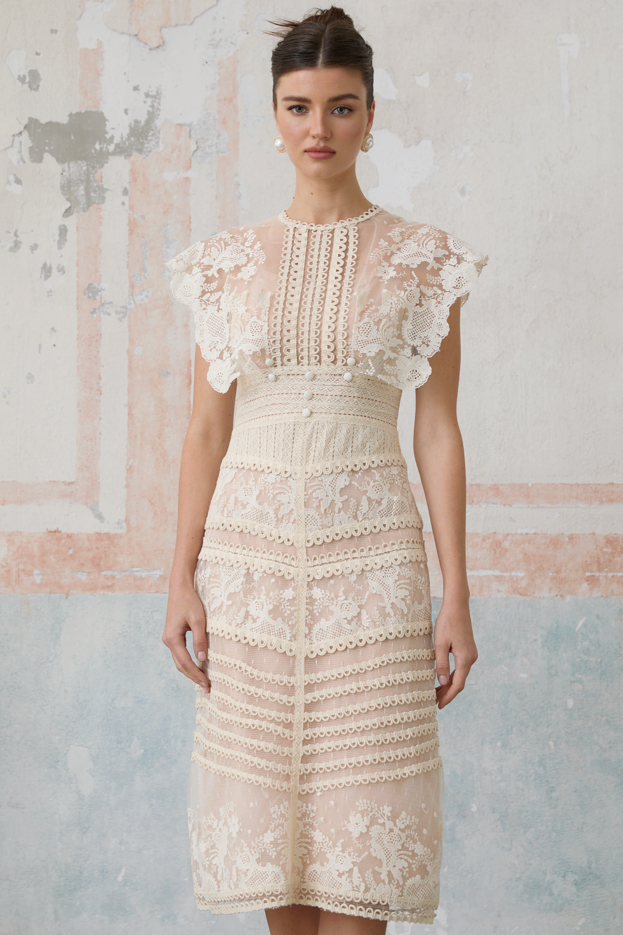 Fleur floral-embroidered lace midi dress in Neutrals (Final Sale-US Only)