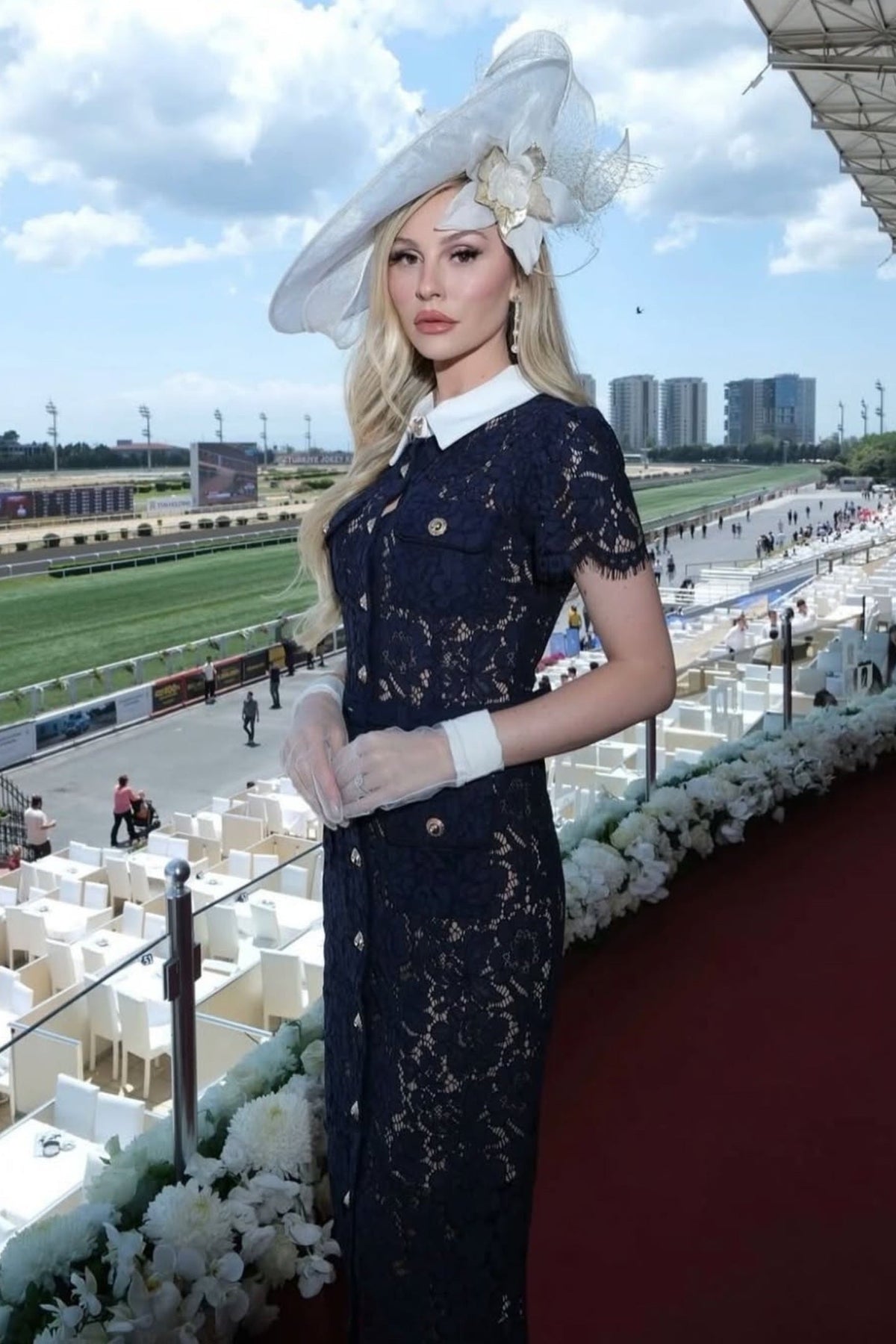 Floral Lace Midi Dress with Tailored Collar and Belted Waist - Navy