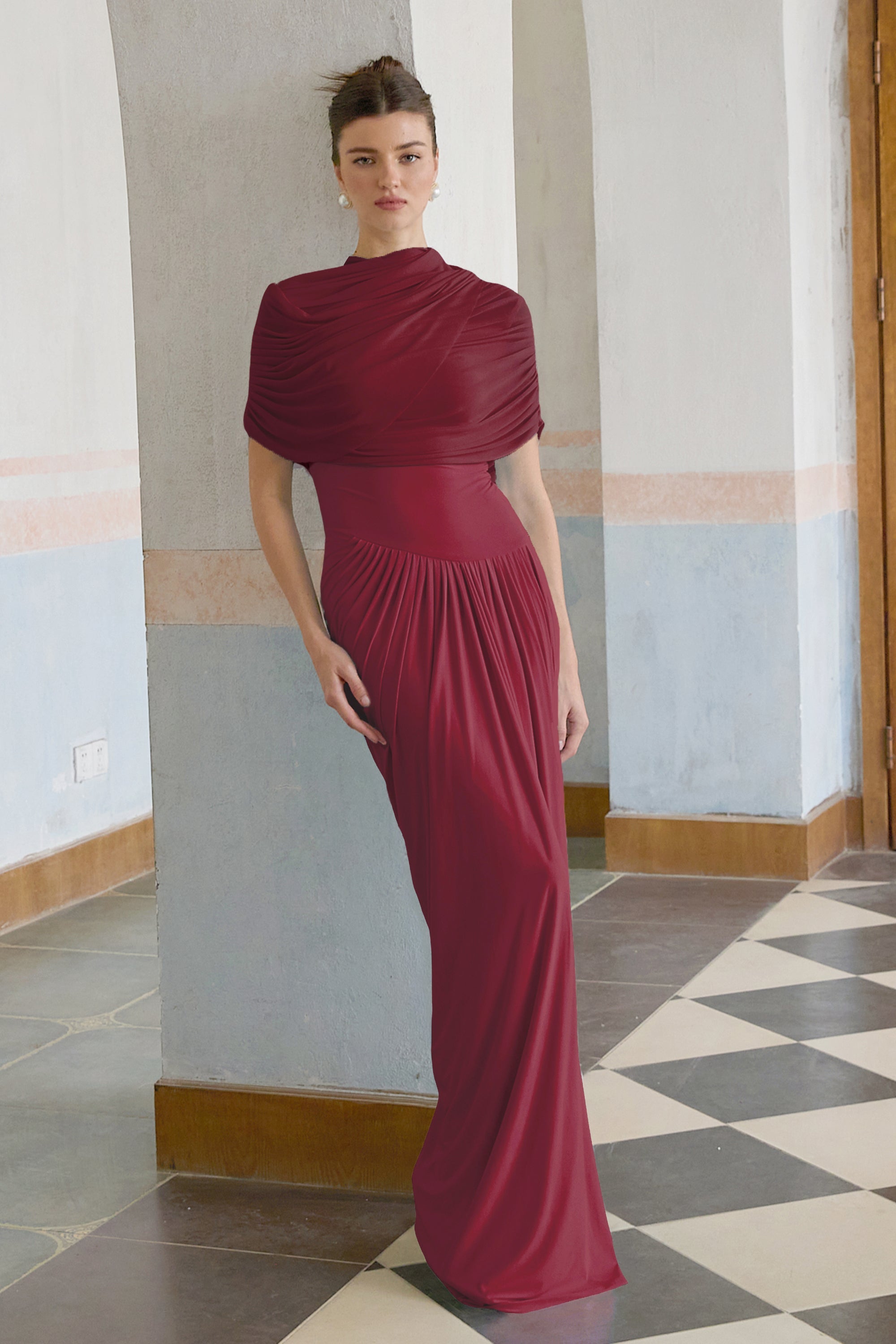 Catherine asymmetrical pleated maxi dress in Red(Final Sale-US Only)