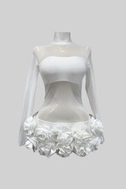 Sheer Floral Mini Dress With 3D Rosettes Hemline – White