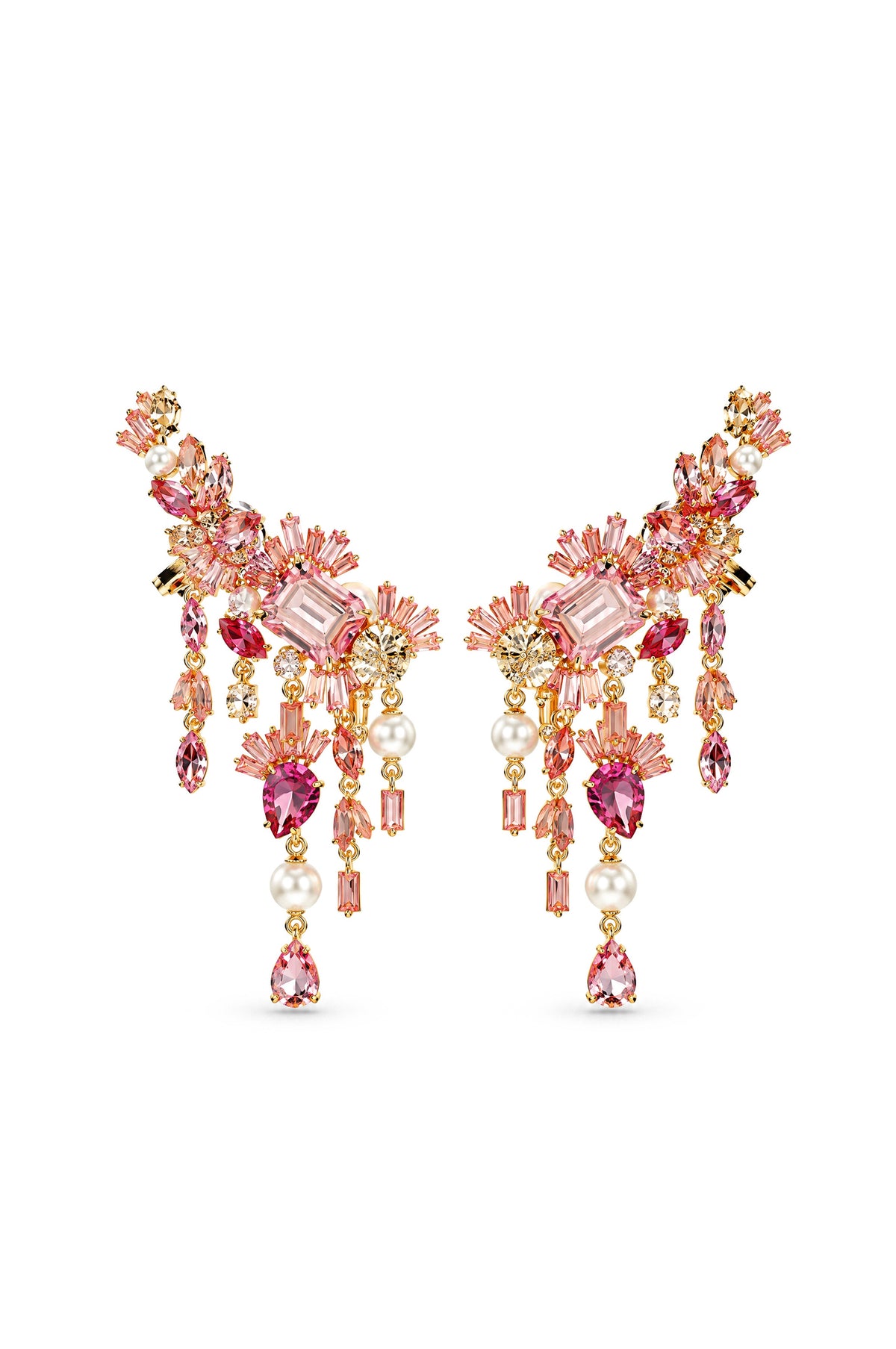 Rose Gold Pink Crystal Floral Cluster Drop Earrings