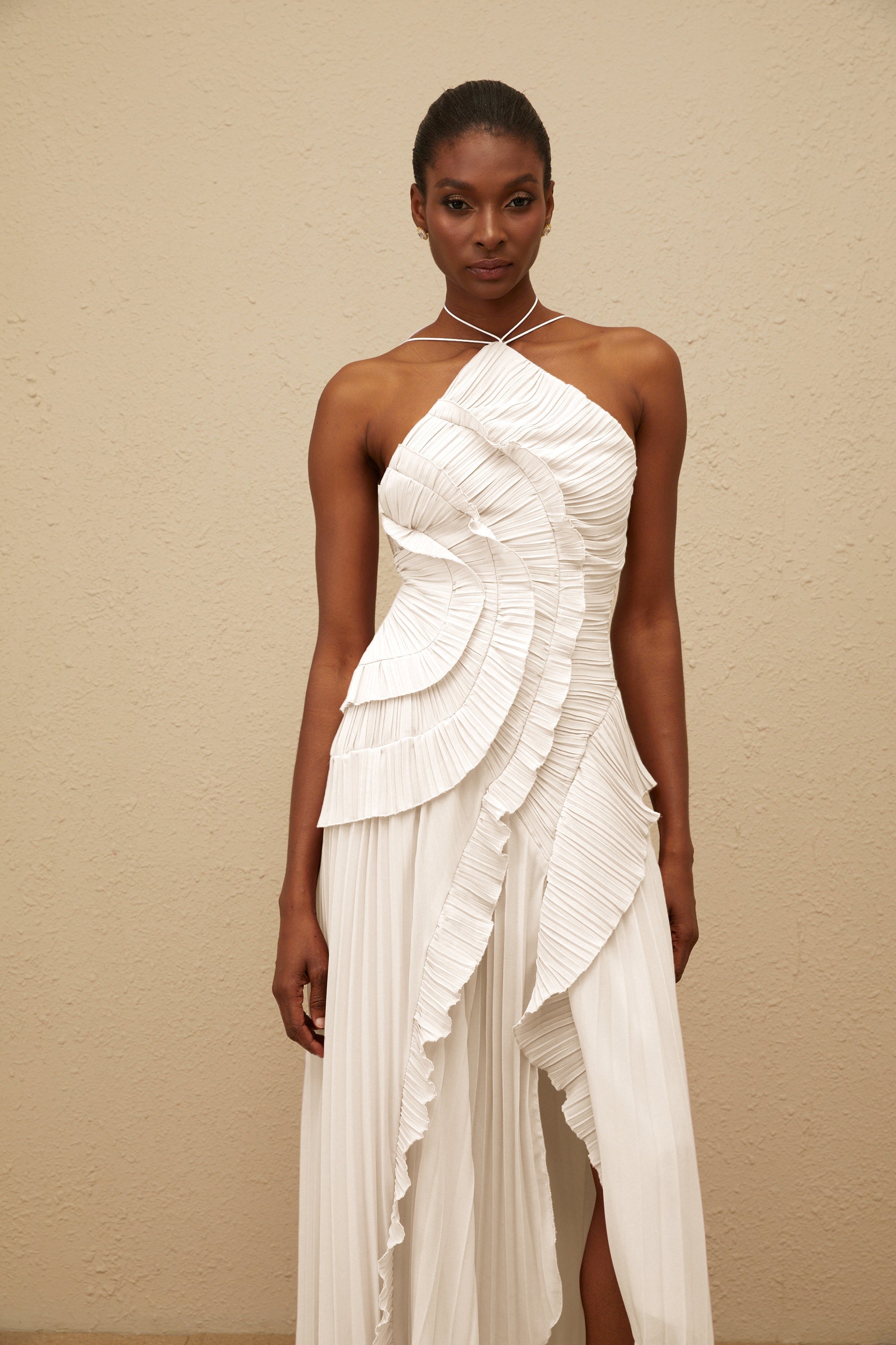 Doux White Ruffled Trim Pleated Midi Dress (Final Sale-US Only)