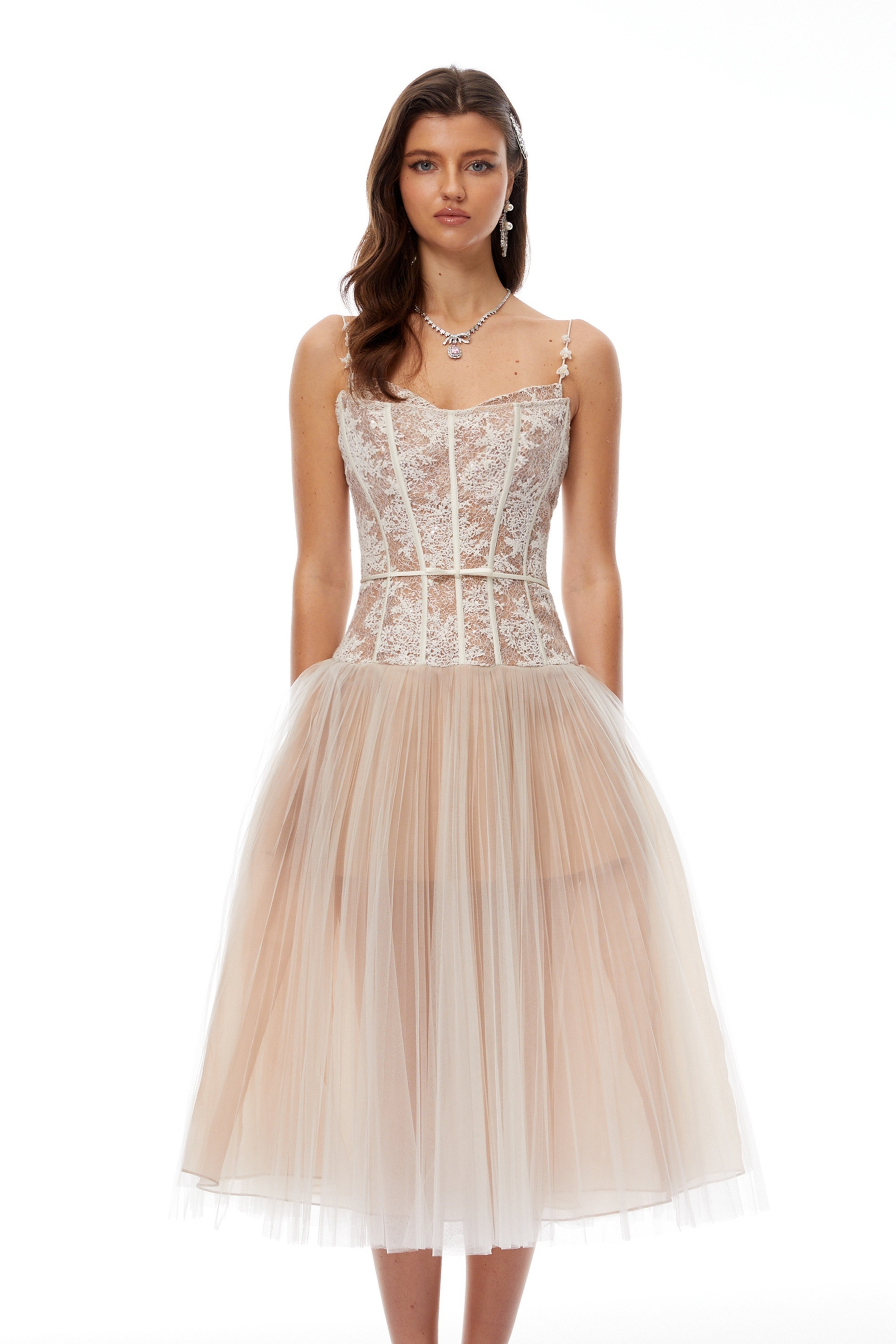 Mira Neutrals Lace Panel Tulle Midi Dress (Final Sale-US Only)