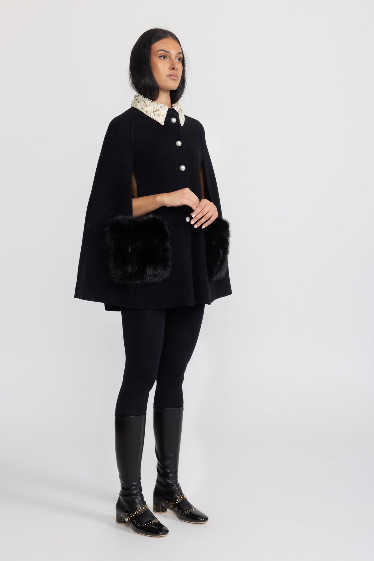 Pearl Embellished Collar Cape with Faux Fur Pockets - Black