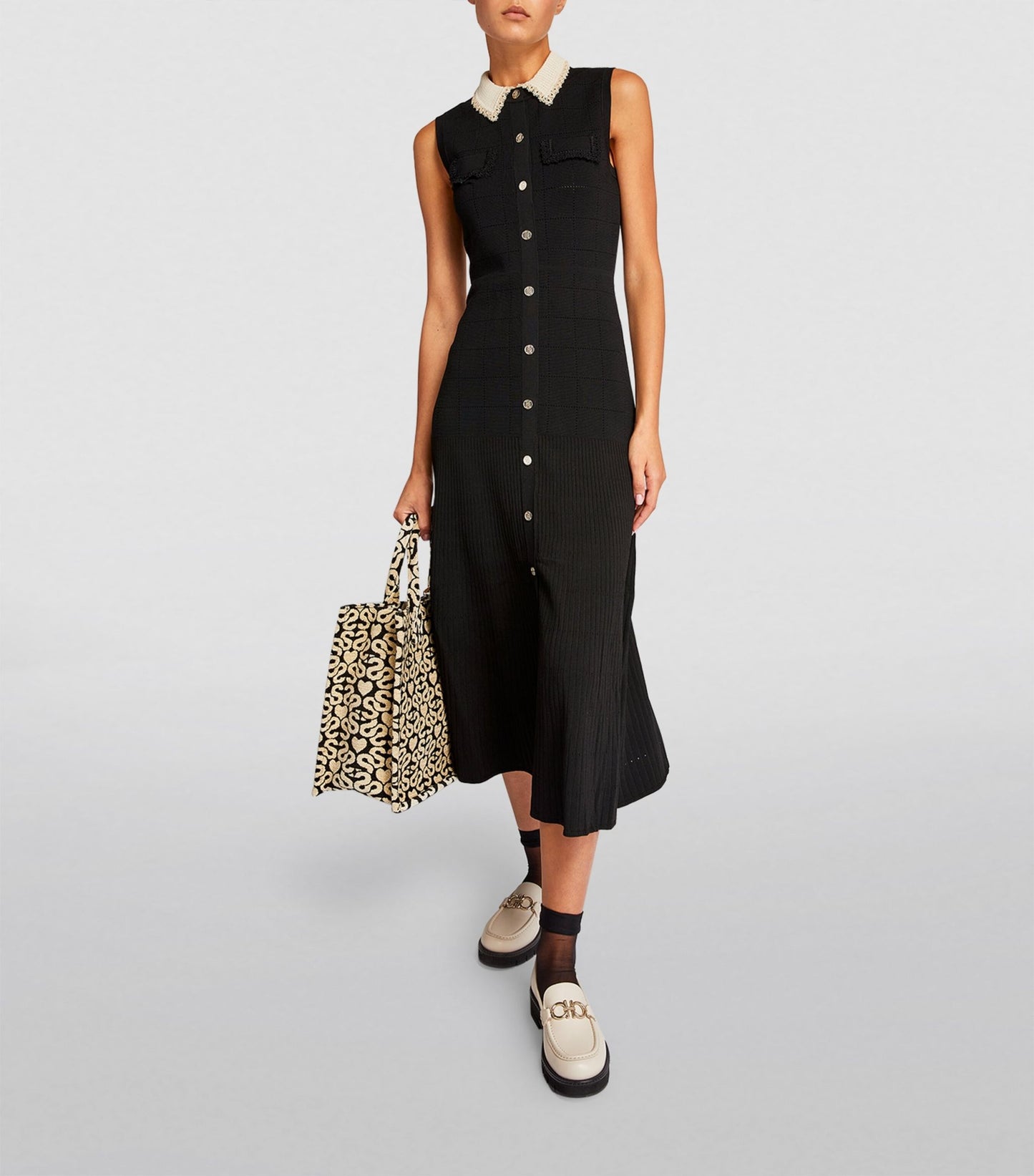 SANDRO Contrast-Collar Midi Dress - Black