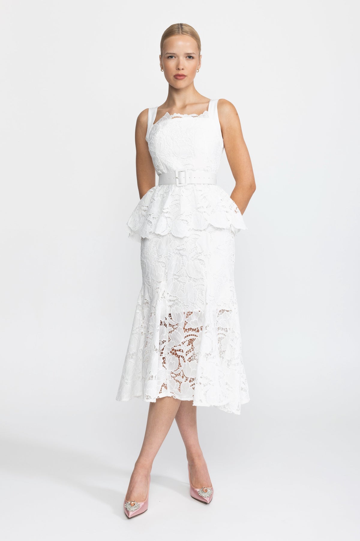 Guipure Lace Peplum Midi Dress - White